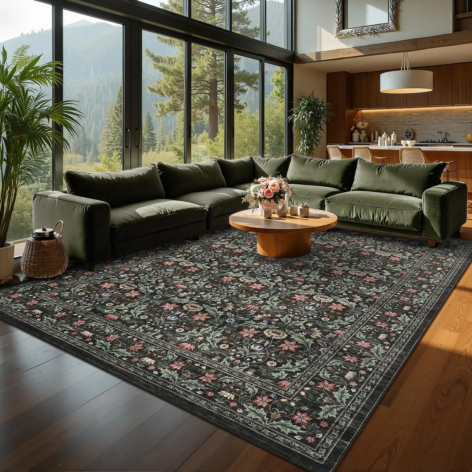 Garvee Washable 8x10 Area Rug for Living Room Bedroom Dining Room Under Kitchen Table,Non-Slip Low Pile Stain Resistant Soft Large Carpet for Vintage Floral (Brown)