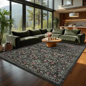 Garvee Washable 8x10 Area Rug for Living Room Bedroom Dining Room Under Kitchen Table,Non-Slip Low Pile Stain Resistant Soft Large Carpet for Vintage Floral (Brown)