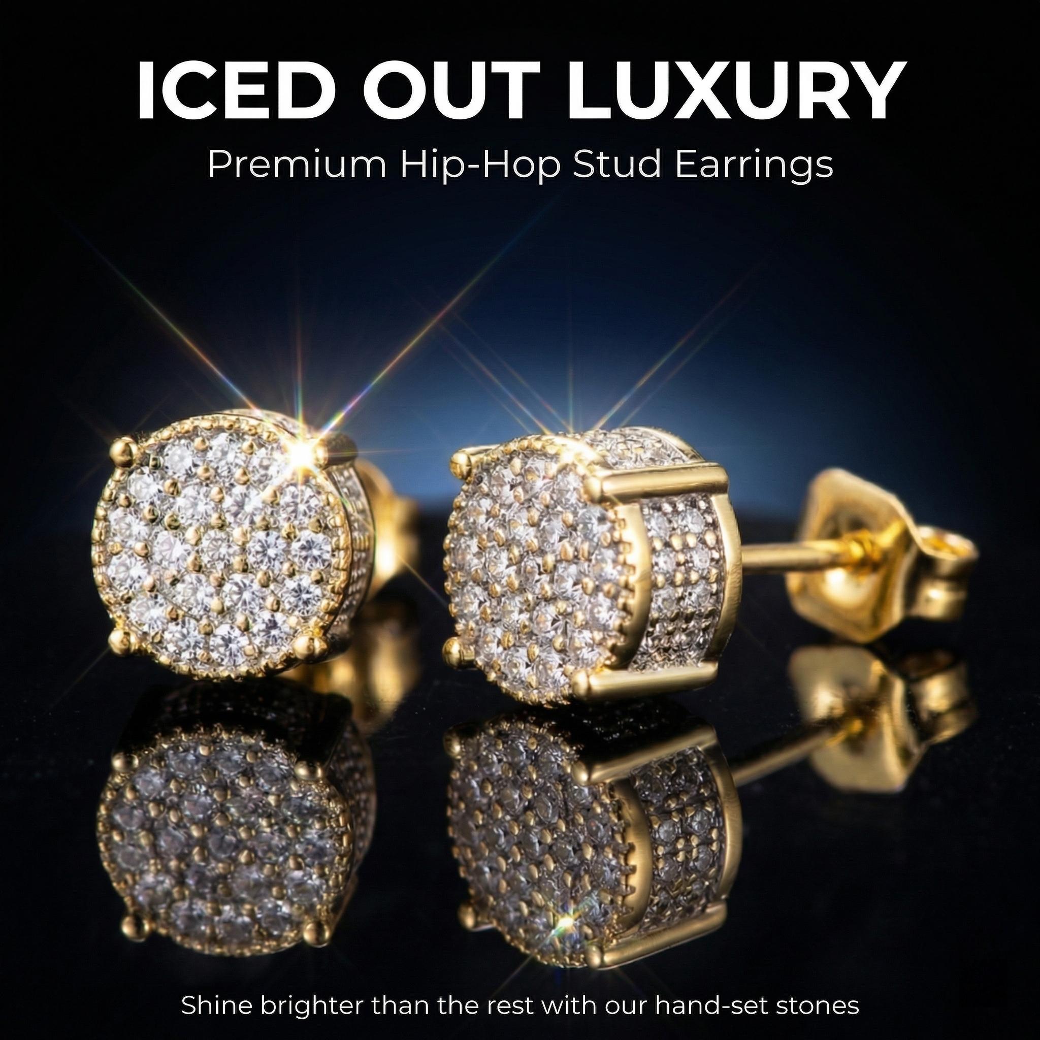 14 Karat Gold-Plated Round Cubic Zirconia Stud Earrings for Men - 4-Prong Iced-Out Hip-Hop Alloy Base Earrings with Butterfly,Screw Backs,Hypoallergenic Thick Small Cross Design,Casual Everyday Wear,Avoid Water,Luxury Party Wedding Jewelry