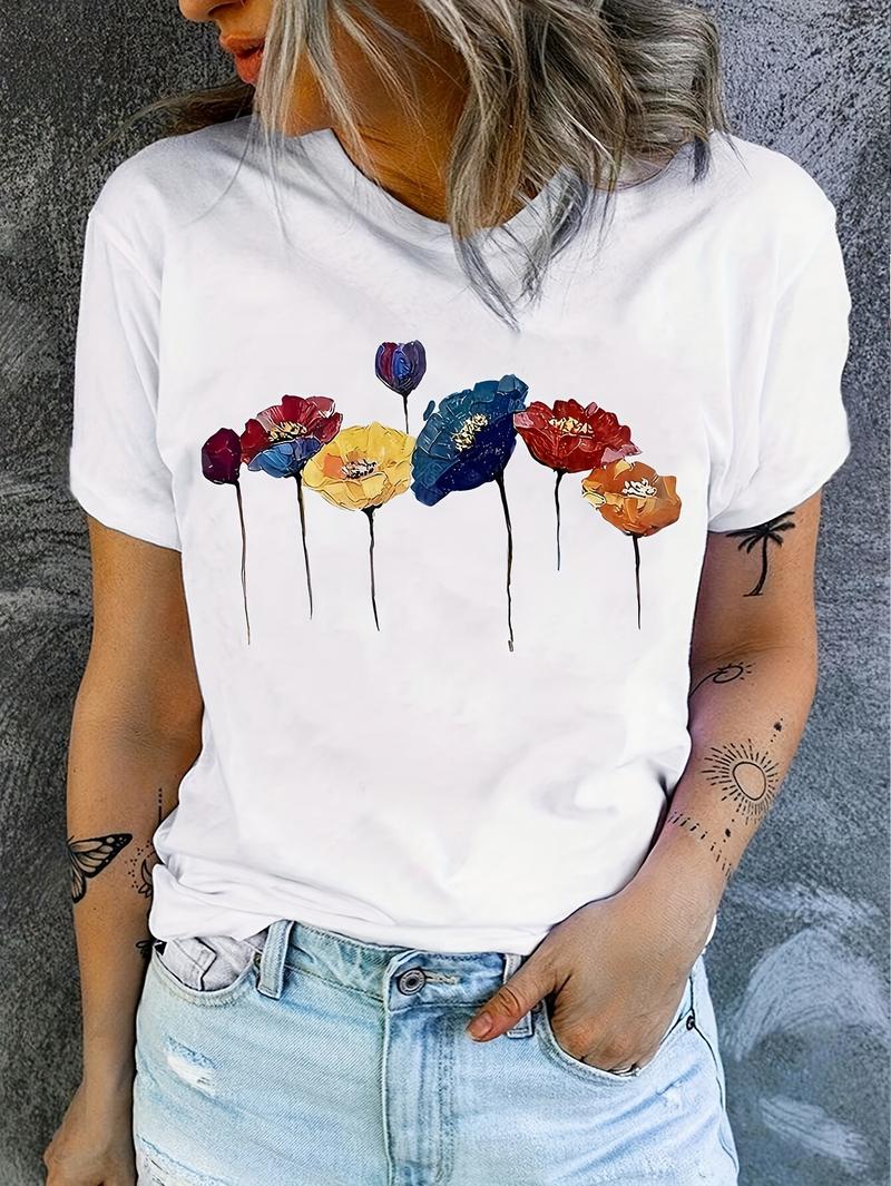 G7339 2026 New Arrival Oil Painting Floral Print T-Shirt for Women Casual Wear plus  size  top