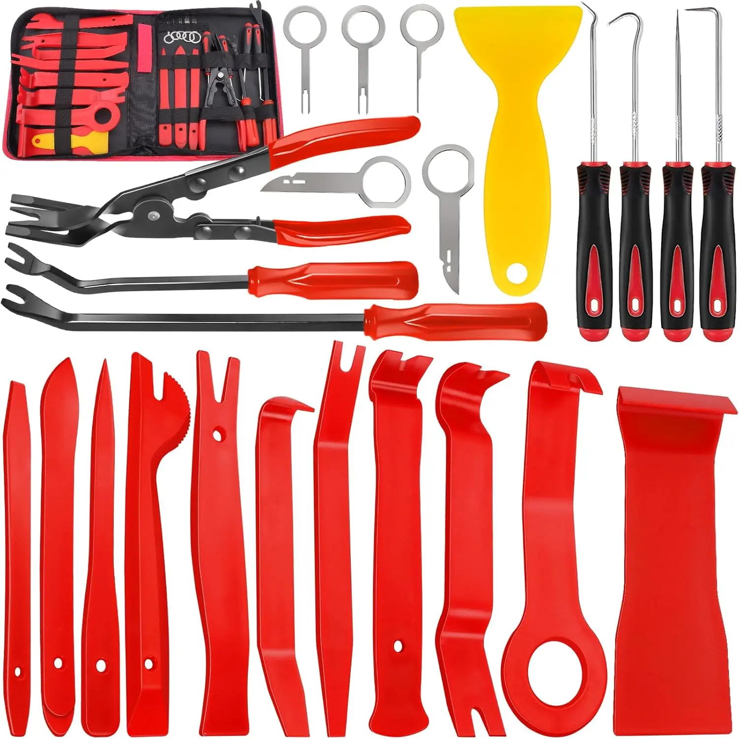 24Pcs Trim Removal Tool Set with Pick & Clip Removal Tool, Sticker Scraper, Automotive Plastic Pry Tool, Car Panel Door, Stereo, Fastener Remover Kit, for Auto Interior, Molding, Dash(Red)