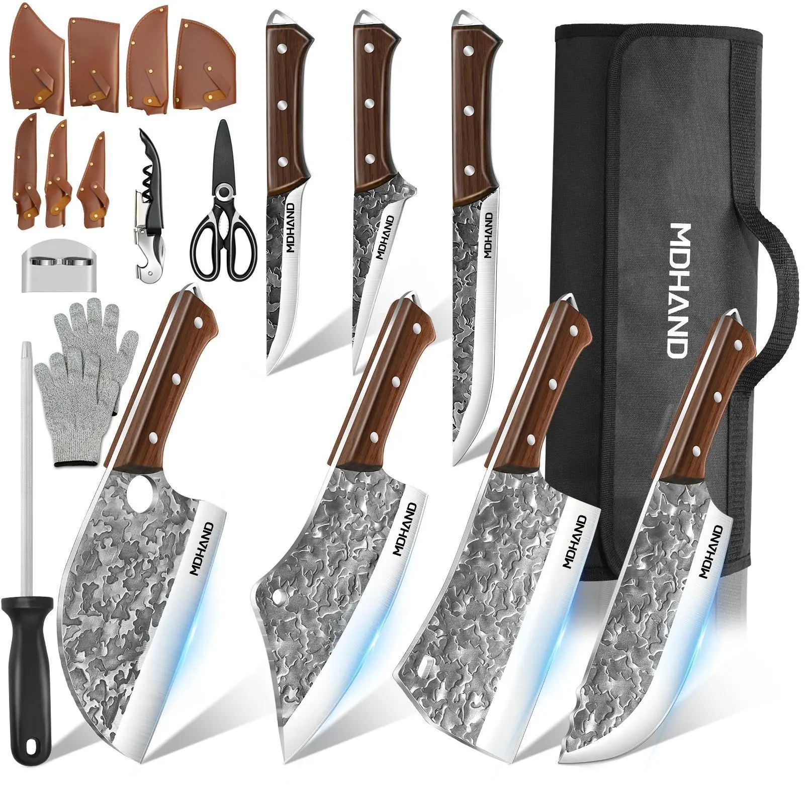 Kitchen Chef Knife Set MDHAND Professional, Hand Forged High Carbon Steel, Butcher, Meat Cleaver, Boning, and Viking Knives, with Knife Bag#DealsForYouDays