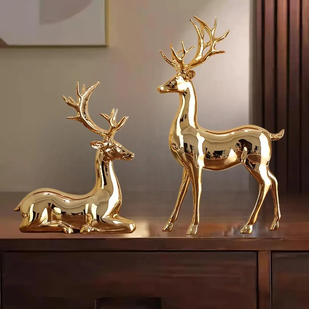 Christmas Large Solid Deer Electroplated Champagne Holiday Home Office Desktop Craft Gift, Luxury Holiday Decor, High-Quality Resin, Resin Animal Figurines