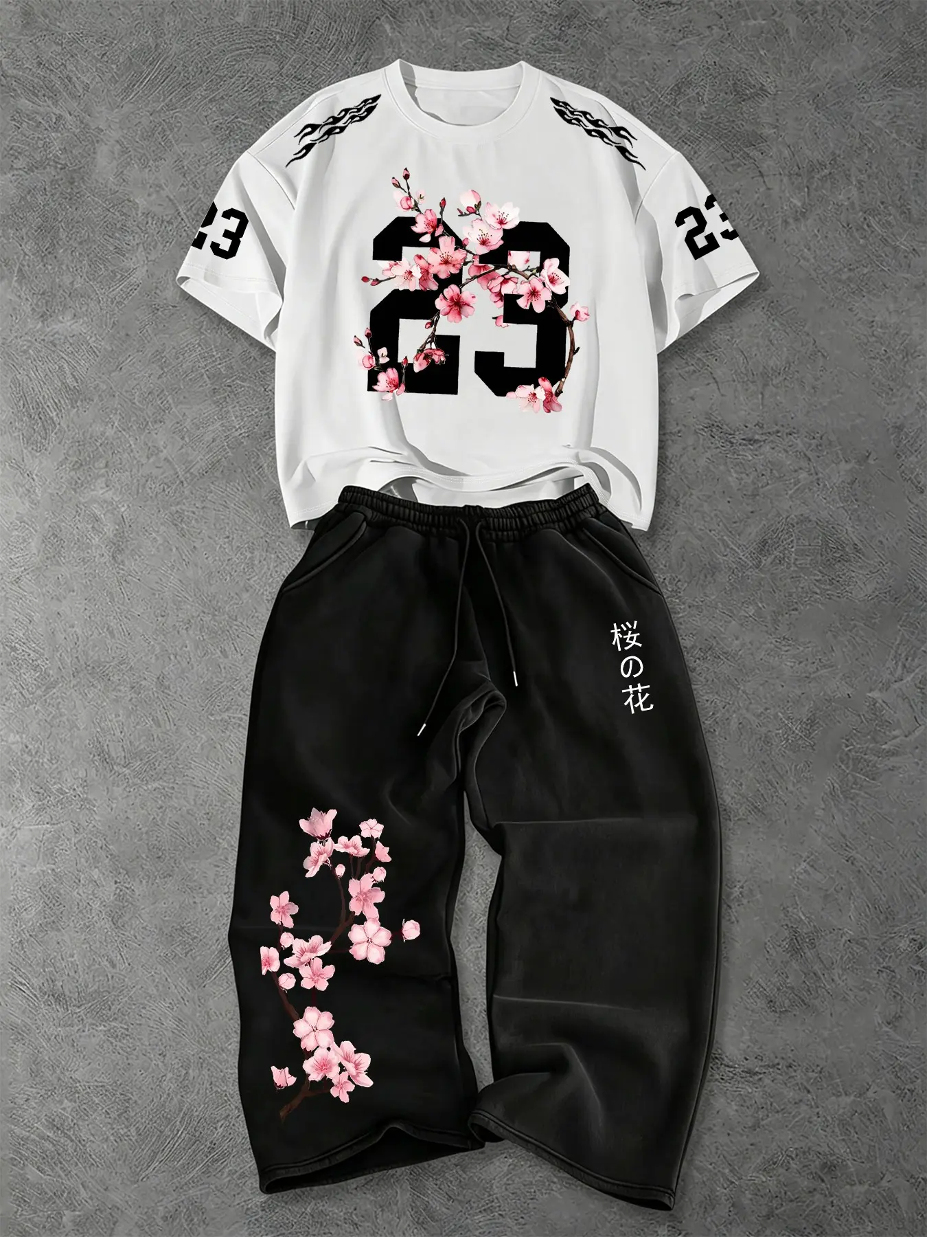 Men's Summer Digital Floral Cherry Blossom Print Round Neck Short Sleeve T-Shirt + Drawstring Casual Sports Pants, Loose Fit, Outdoor Wear, Menswear, Outfit
