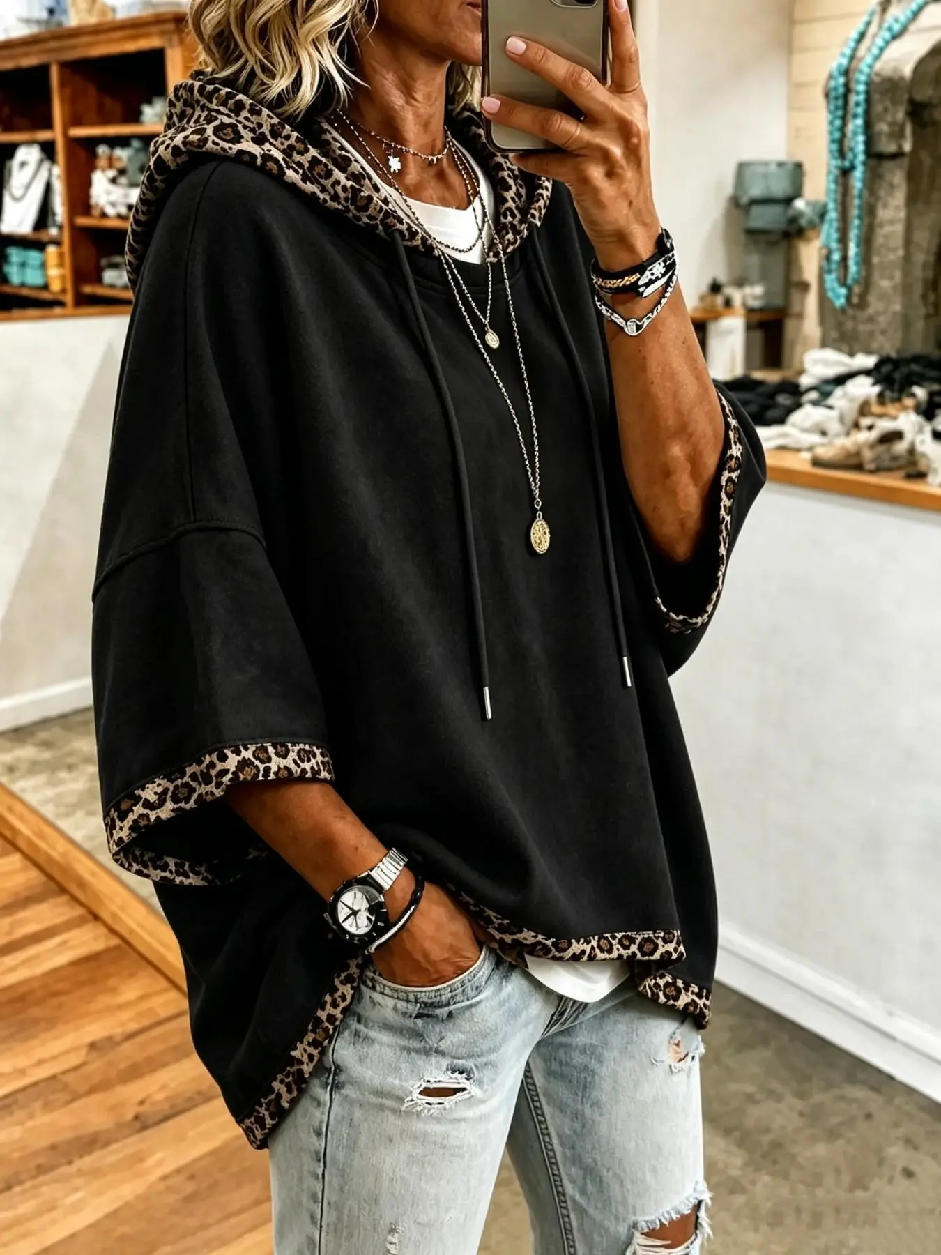 Women's Loose Fit 3/4 Sleeve Hoodie, Leopard Print Contrast Trim Drawstring Design, Casual Fall Winter Pullover, Comfortable and Stylish
