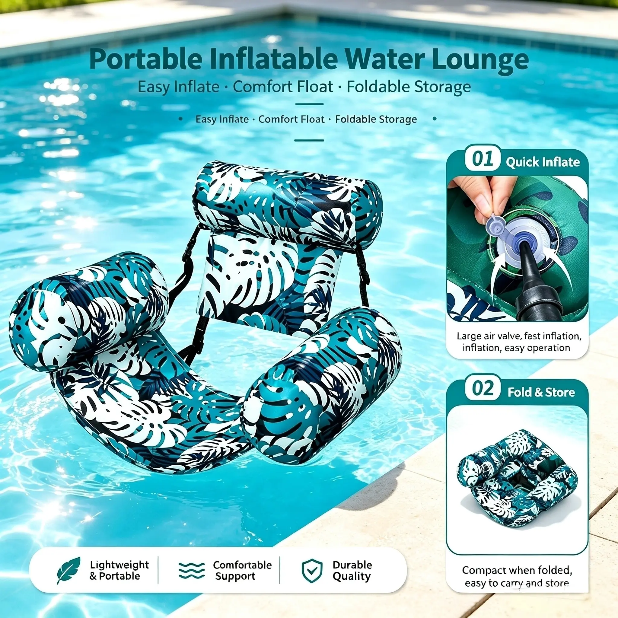 Tropical Leaf Pattern Inflatable Water Lounger, Foldable Pool Float Sofa, Summer Beach Pool Float Bed, Ideal for Parties and Couples