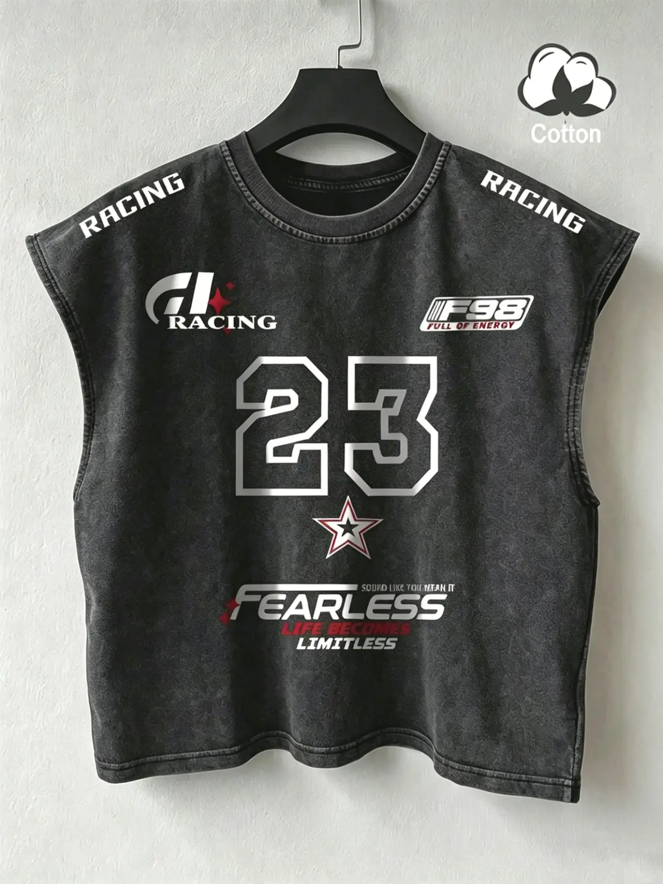 American Racing Style Washed Sleeveless Vest, Heavy Cotton, Base, Racing Elements Print, Streetwear, Sports Fashion