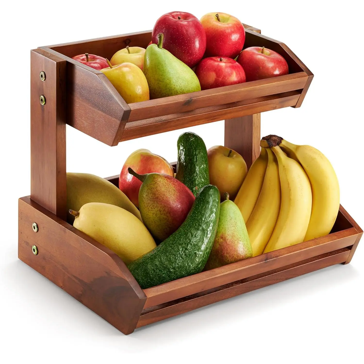 2-Tiered Acacia Wood Fruit Basket - Compact Kitchen Counter Organizer for Kitchen Use, Fruit, Vegetable & Snack Storage Solution with Natural Look