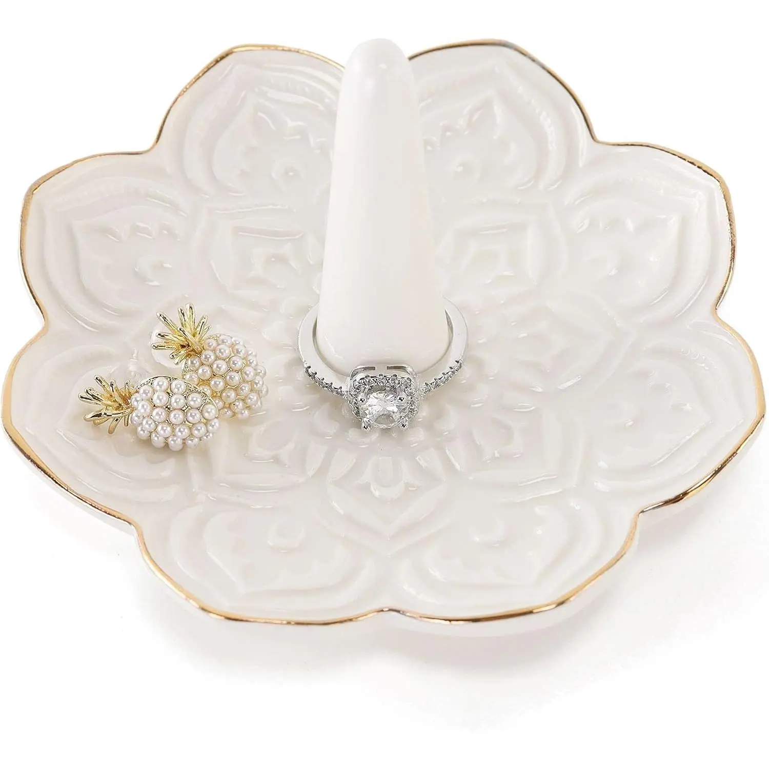 Ceramic White Mandala Jewelry Holder Decorative Ring Holder/Trinket Tray Engagement Wedding Birthday Gifts for Women Her