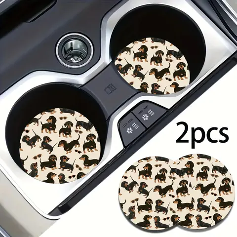 Set of 2 Dachshund Theme Non-Slip Cup Mats for Car Cup Holders, Absorbent Material, Cute Dog and Paw Print Design, Vehicle Interior Accessory
