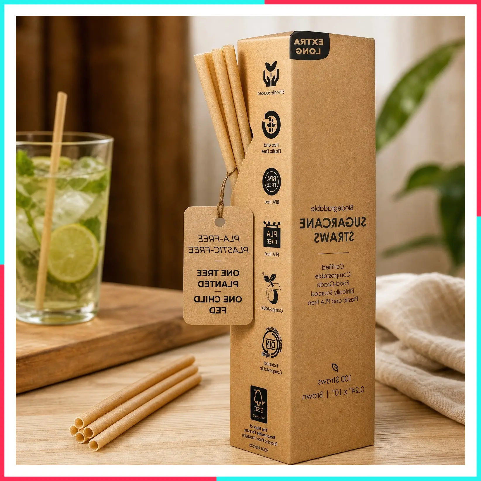 10" Biodegradable Sugarcane Straws, 100 Count | Extra-Long Compostable Plastic-Free Eco-Friendly Drinking Straws | Party Jumbo Disposable Straws