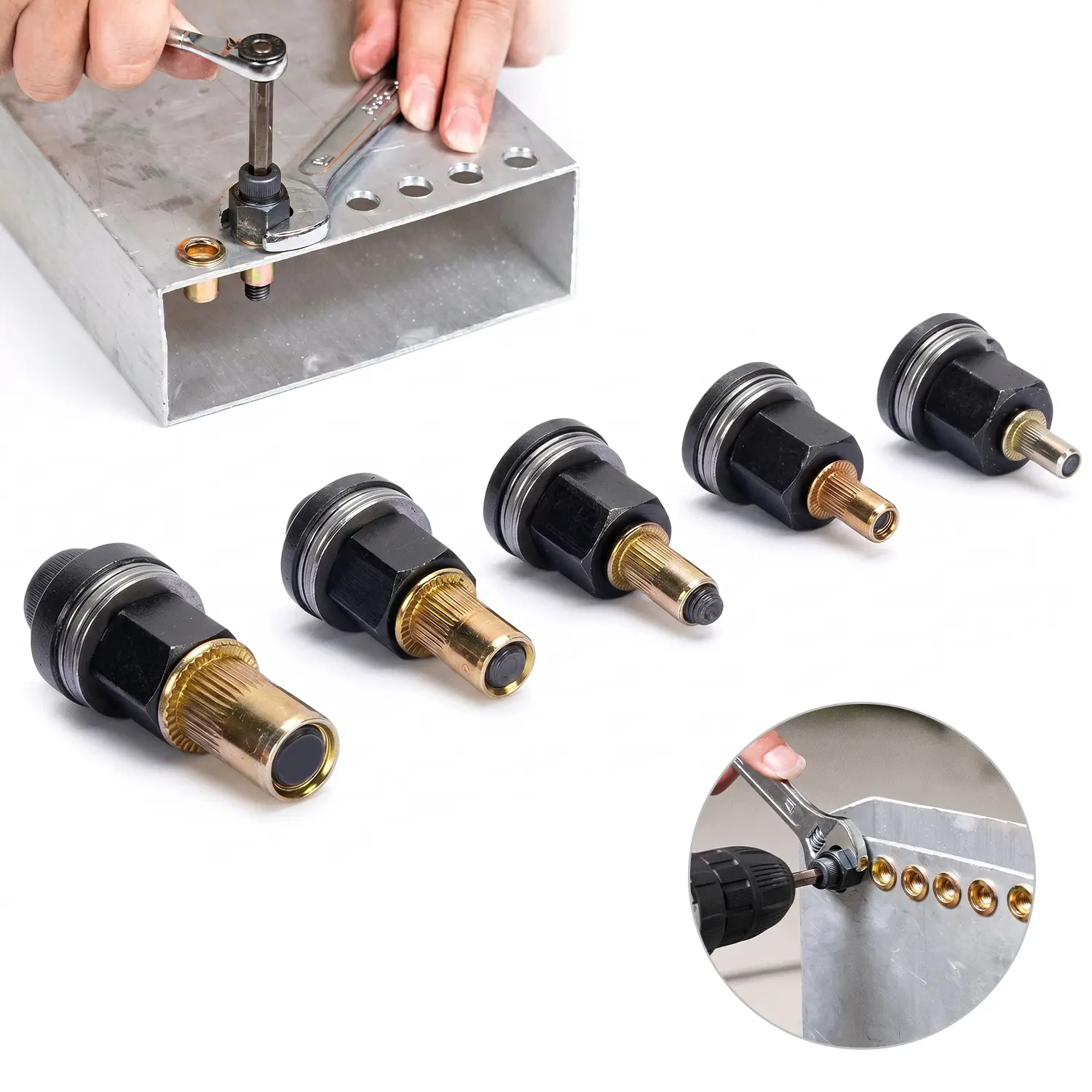 5PCS Rivet Nut Tool Combination M3 M4 M5 M6 M8 Rivet Nut Kit, Carbon Steel Threaded Rivet Nut Kit, Automotive Repair Accessory for Warehouses, Marine and Industrial Applications