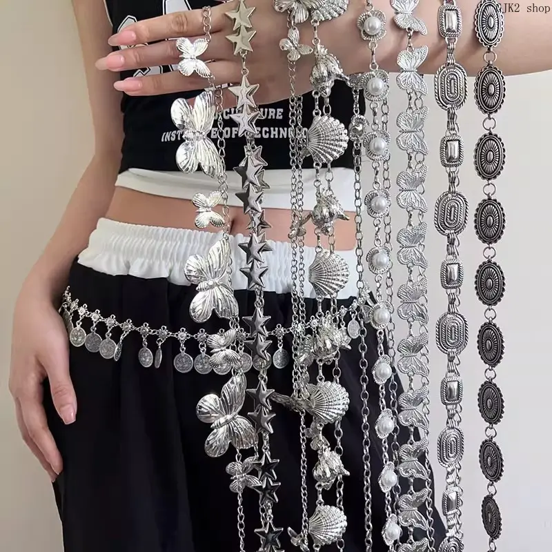 Vintage Silver Metal Waist Chain, Y2K Butterfly Star Shell Pearl Dangle Belt, Trendy Layered Charm Body Chain Belt for Women Punk Streetwear Outfit Accessory