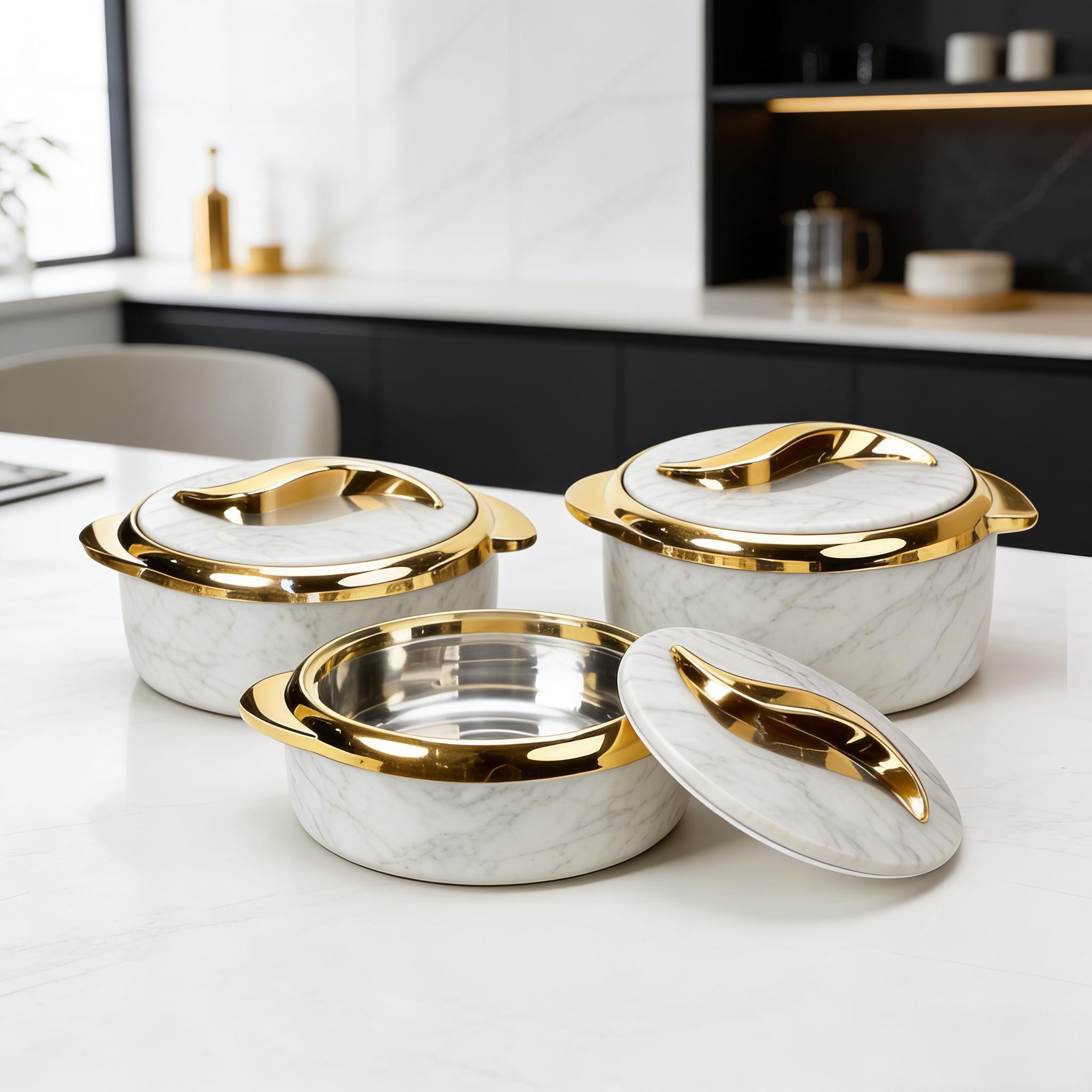 3-piece set of Scandinavian marble pattern insulated pot with gold trim and lid, home dining table thermal food bowl, food preservation box