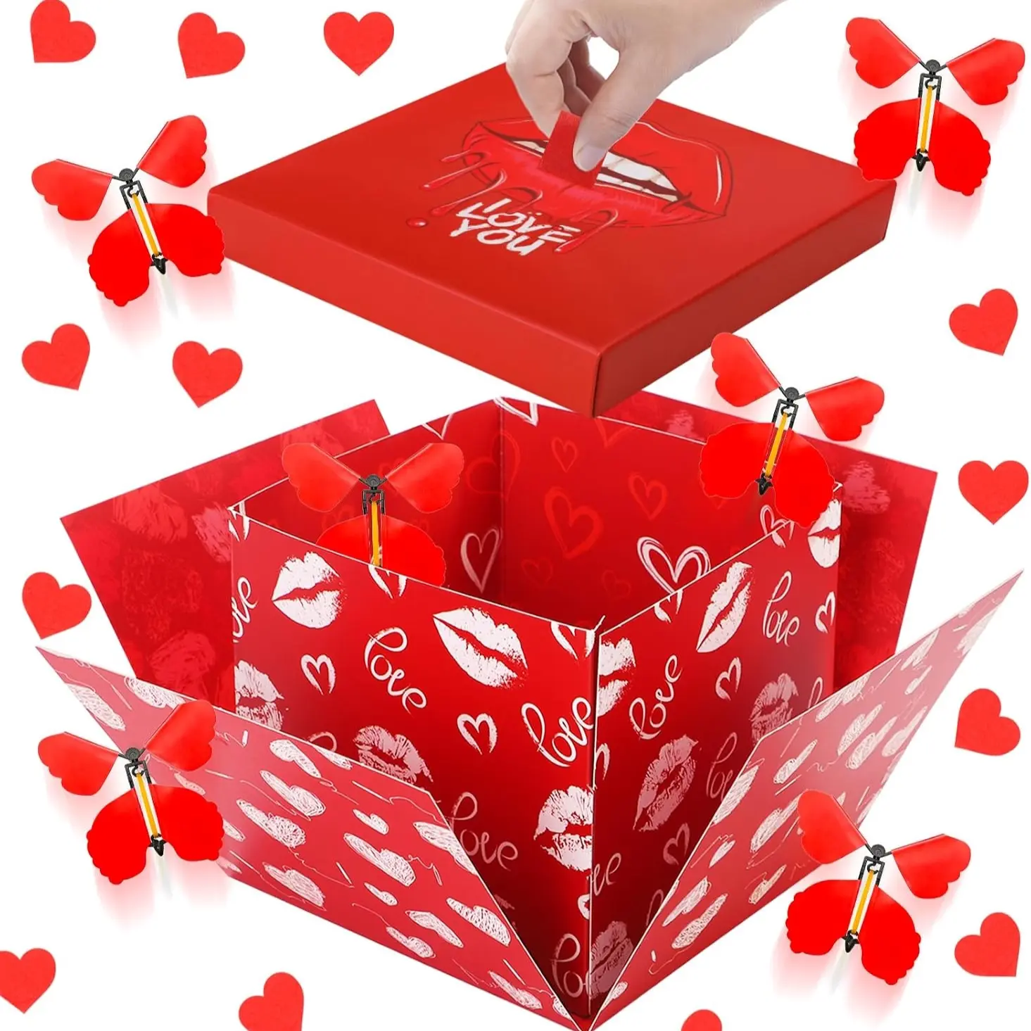 1Set DIY Flying Butterfly Pop Up Explosion Surprise Gift Box Red Lips Love Print Foldable Surprise Present Box For Birthday Valentine's Day Christmas Romantic Holiday Gifts