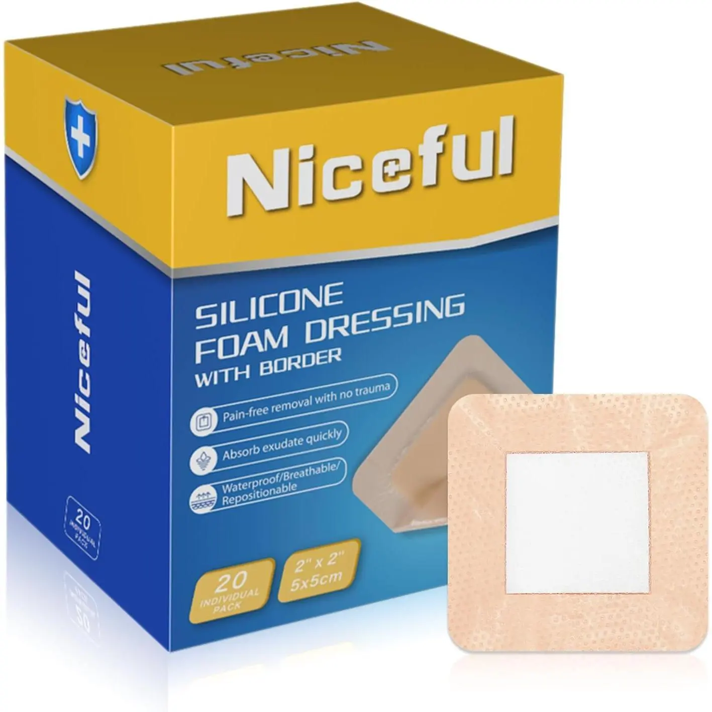 Bordered Silicone Foam Wound Dressings (20-Count, 2x2 in) - 5-Layer Absorbent Structure Healthcare Plasters with Silicone Gel, Waterproof Gentle Adhesive, Easy Removal, Moisture Control for Pressure Ulcer, Minor Burns, Cuts, Wound Care, Bandage Wrap, Seco