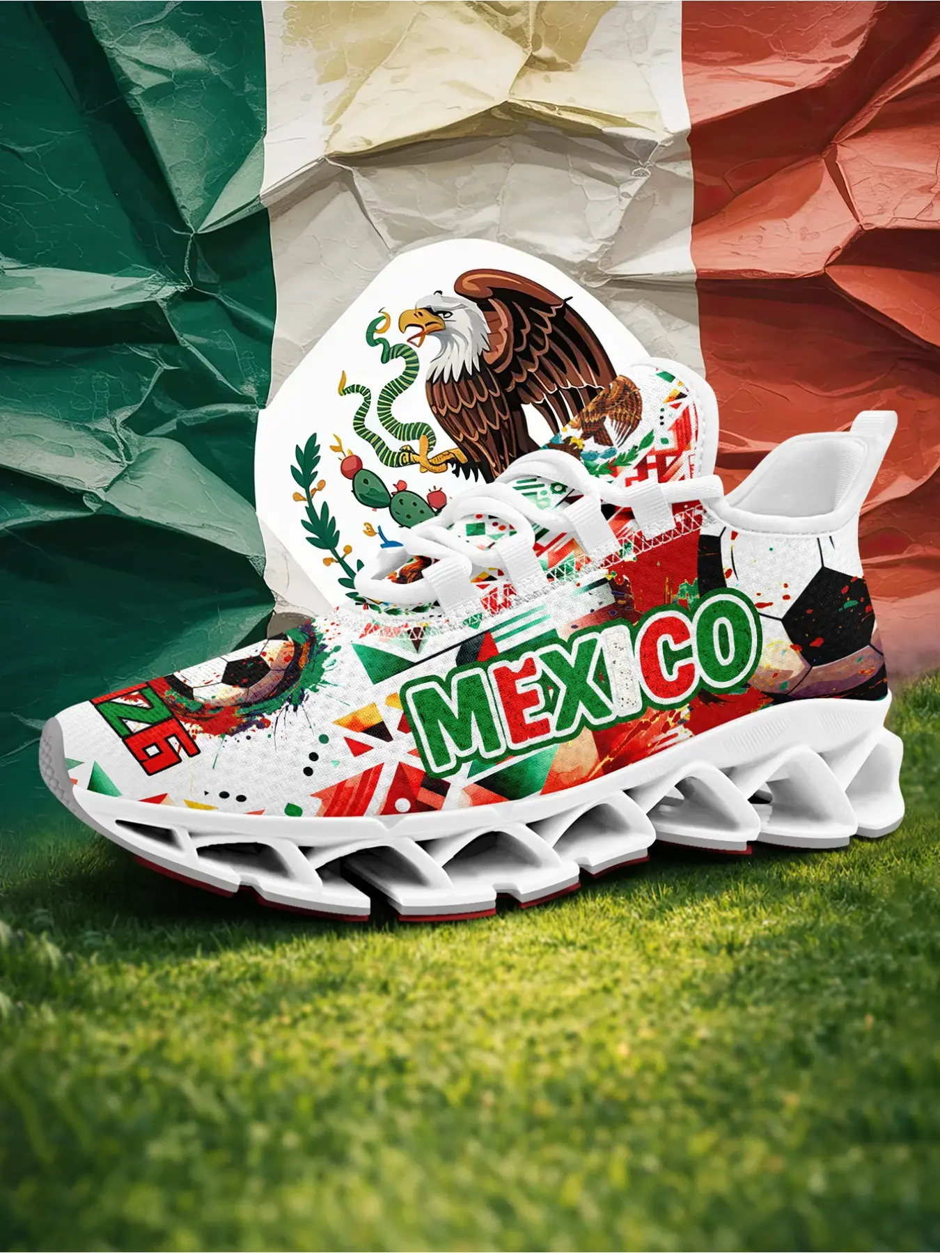 Men's Graffiti Style Mexico 2026 Pattern Lace-Up Low Top Casual Running Sneakers, Classic Lightweight Sports Shoes, Comfortable Walking Shoes, Running Shoes, Breathable Plus Size