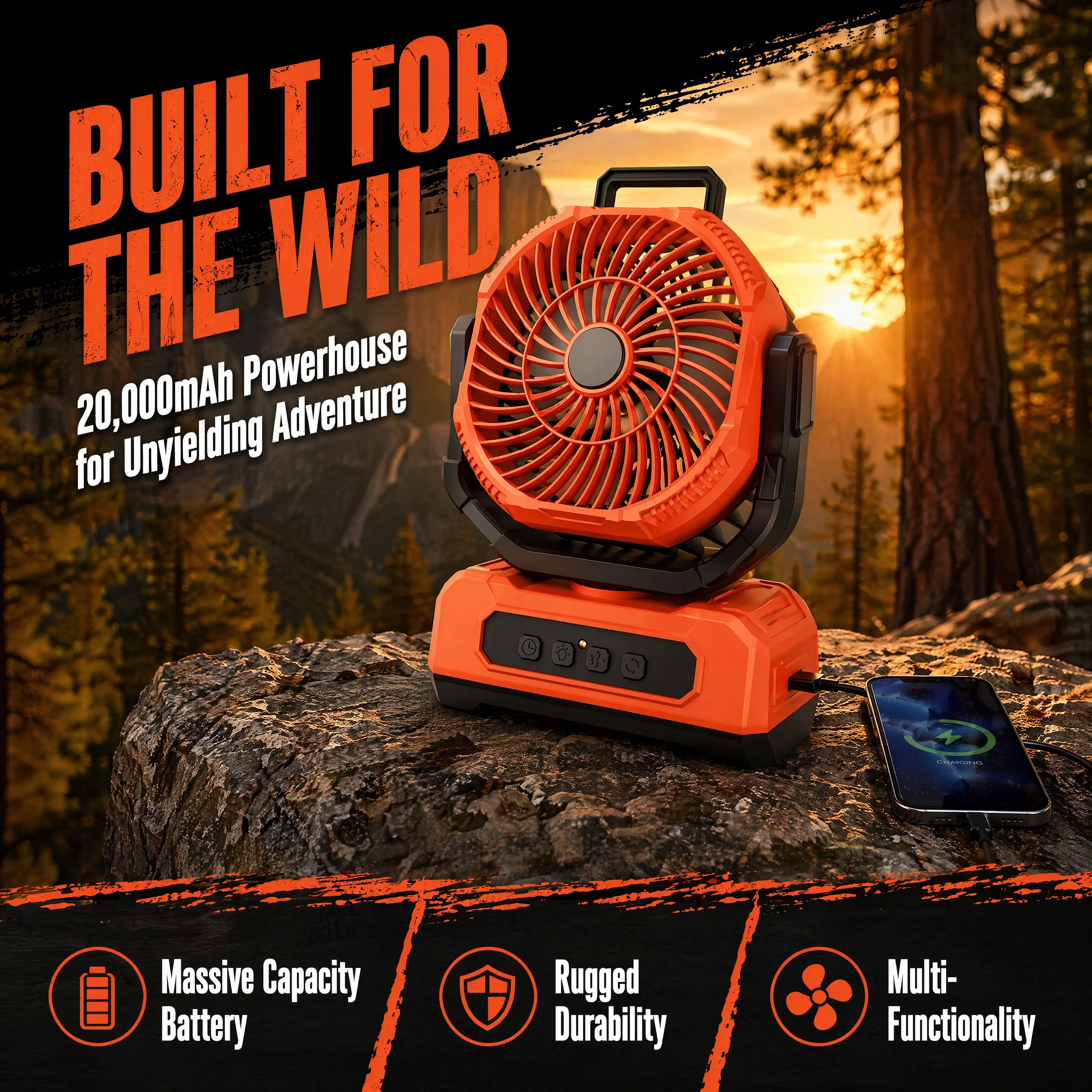 20000mAh Large Capacity Camping Fan with Remote Control, 180° Auto Oscillating Portable Clip Fan, LED Light USB Rechargeable Outdoor Tent Fan for Camping Fishing Garage Dorm