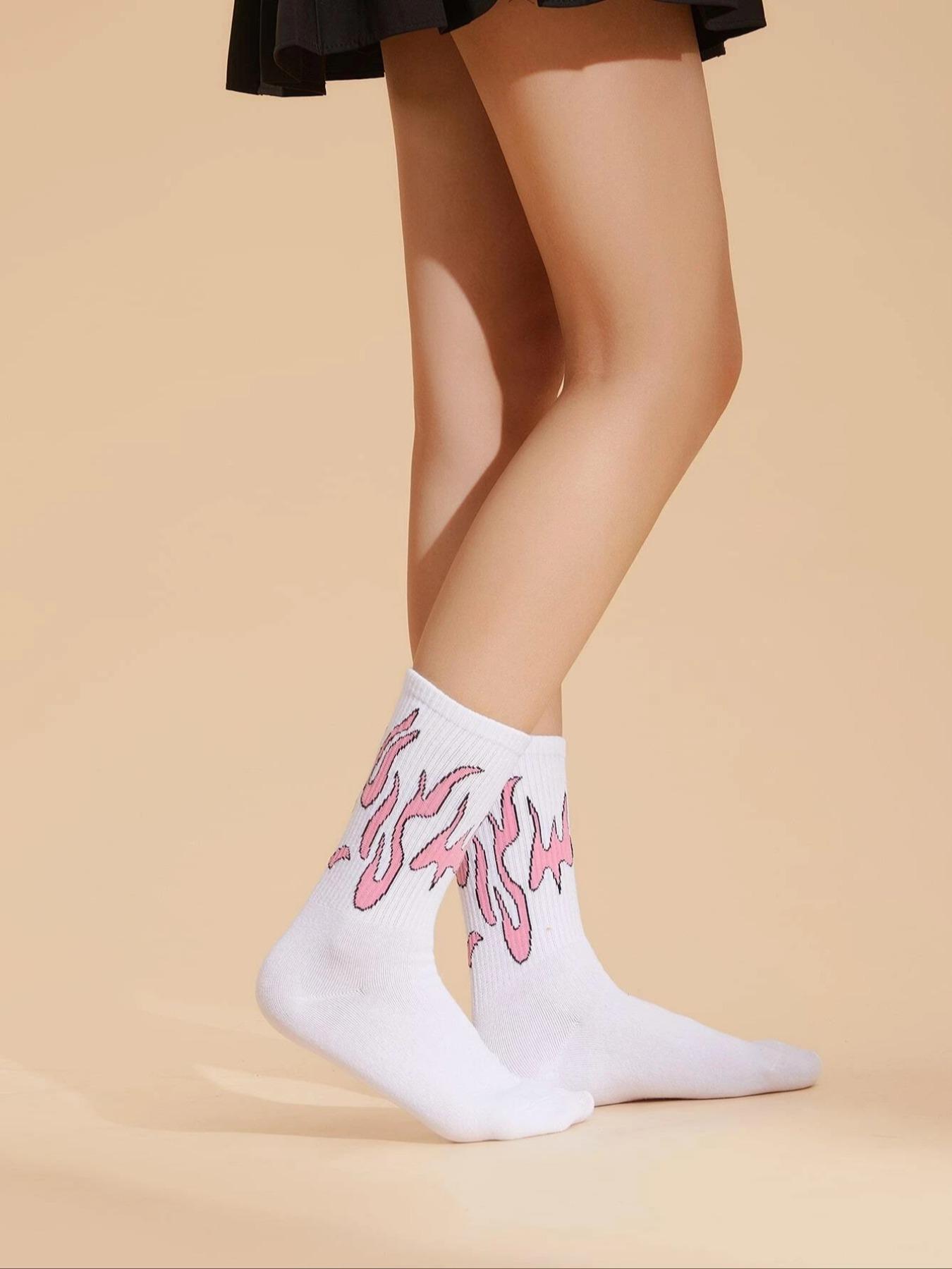 2 Pairs Fire Print Crew Socks, Fashion Casual Comfy Socks for Daily Outdoor Wear, Women's Socks for All Seasons, Socks for Women, Womenswear, Casual Stylish Socks, Soft Comfy Socks, Sock Set