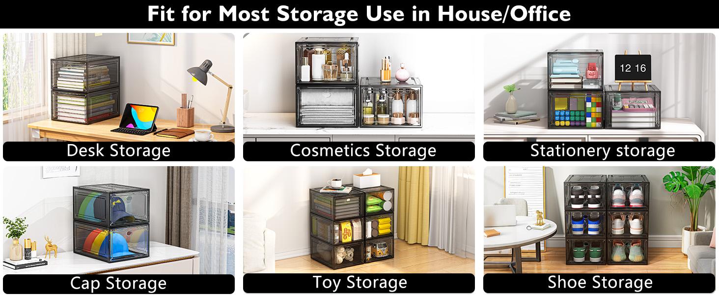 7 code Thicken & Sturdy Clear Shoe Storage Organizer with Magnetic Door, Stackable Boxes for Closet, Foldable Shoe Rack for Sneaker Boot Container, Plastic Shoe Cabinet Shoe Box 6 Pack, Black