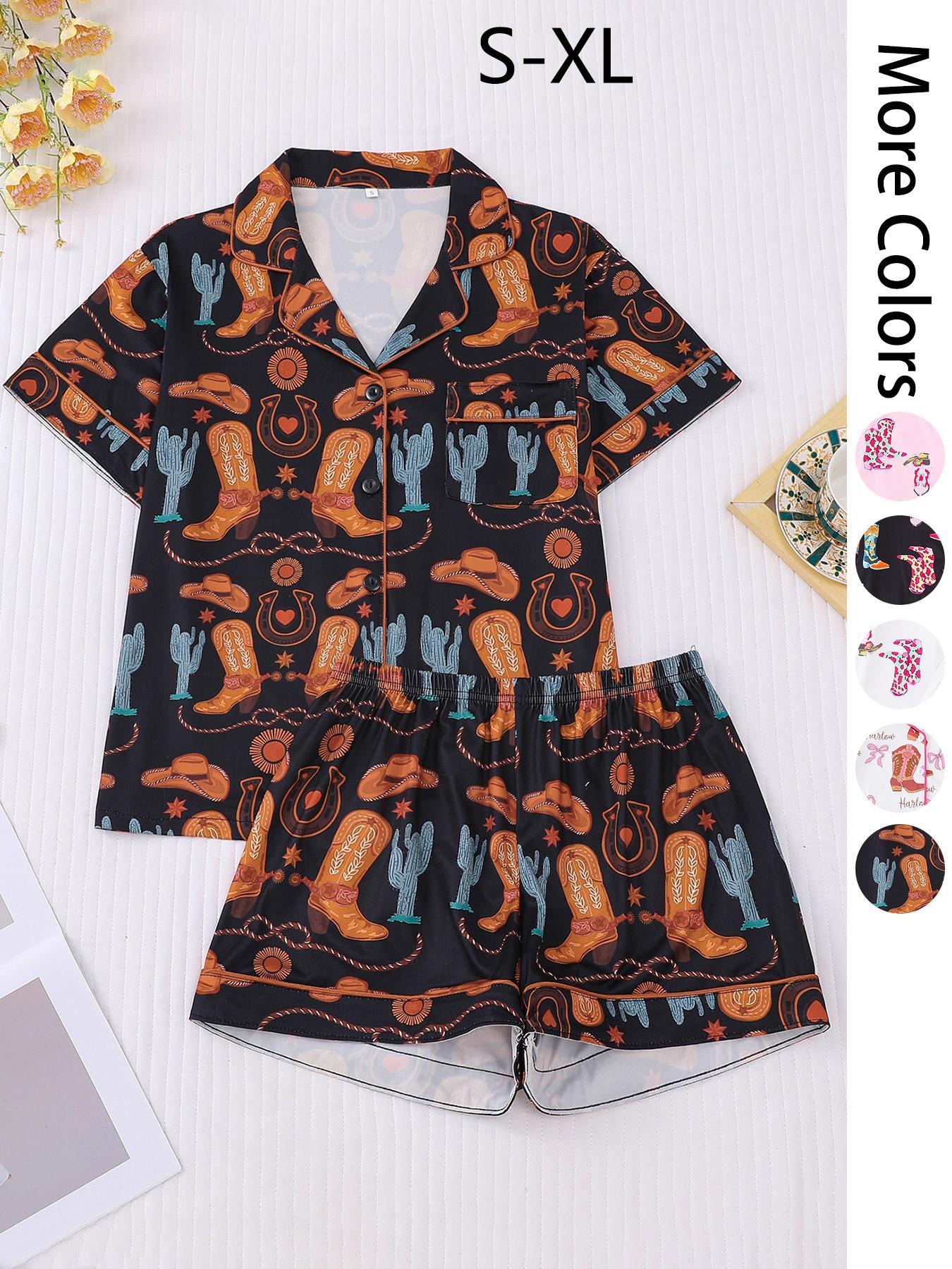 Women's All Over Cowboy Boots Print Pajama Two-piece Set, Casual Comfy Short Sleeve Lapel Neckline Tee & Shorts PJ Set, Ladies Summer Sleepwear