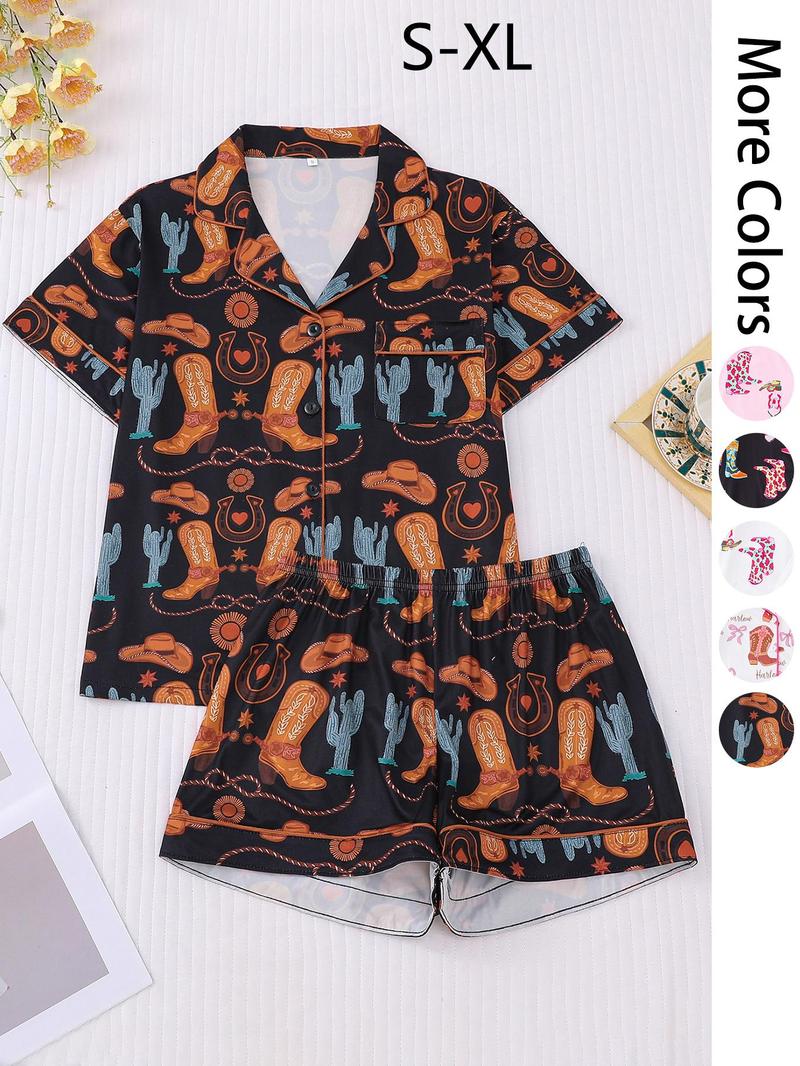 Women's All Over Cowboy Boots Print Pajama Two-piece Set, Casual Comfy Short Sleeve Lapel Neckline Tee & Shorts PJ Set, Ladies Summer Sleepwear