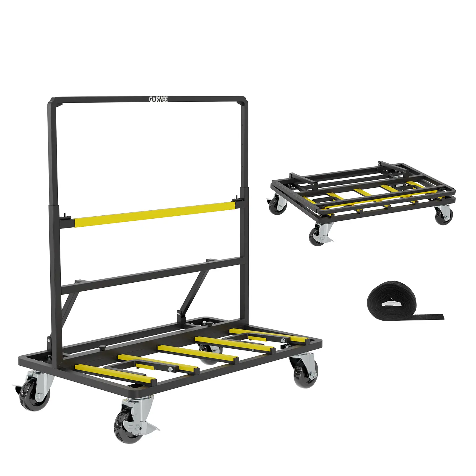 Heavy Duty Panel Dolly Cart – 1800 lbs Capacity Flat Platform Truck – Collapsible, Expandable Deck, Swivel Casters, Tie-Down Strap – Ideal for Plywood, Drywall, Glass – Black