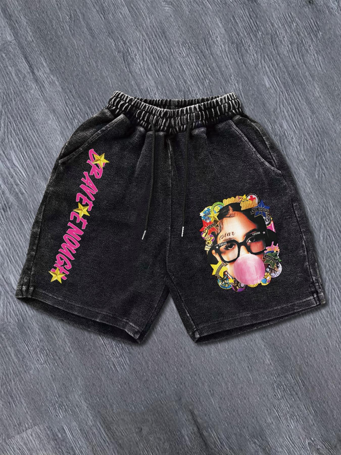 Men's Denim-Effect Print Letter Graphic Drawstring Waist Shorts, Casual Streetwear Shorts, Regular Fit Casual Street Comfy Shorts for Summer, Men's Bottoms for Daily Wear