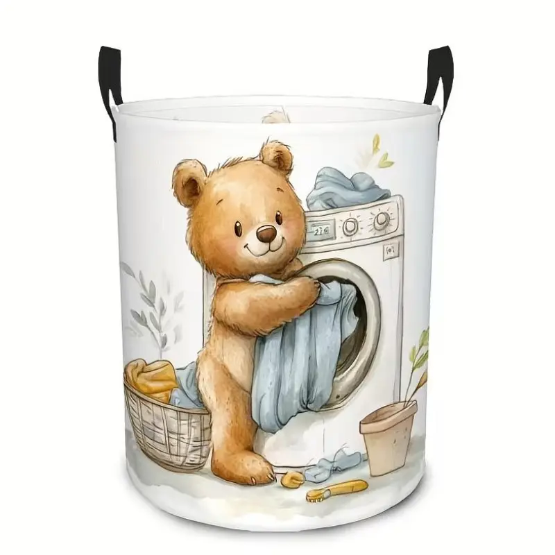1PC, One Whimsical Beige Bear Laundry Basket - a Large Round Polyester Container with Handles, Featuring an Adorable Cartoon Bear Design, Perfect for Organizing Dirty Clothes for Families, Enhancing Laundry Room Decor, And Serving As a Laundry Basket