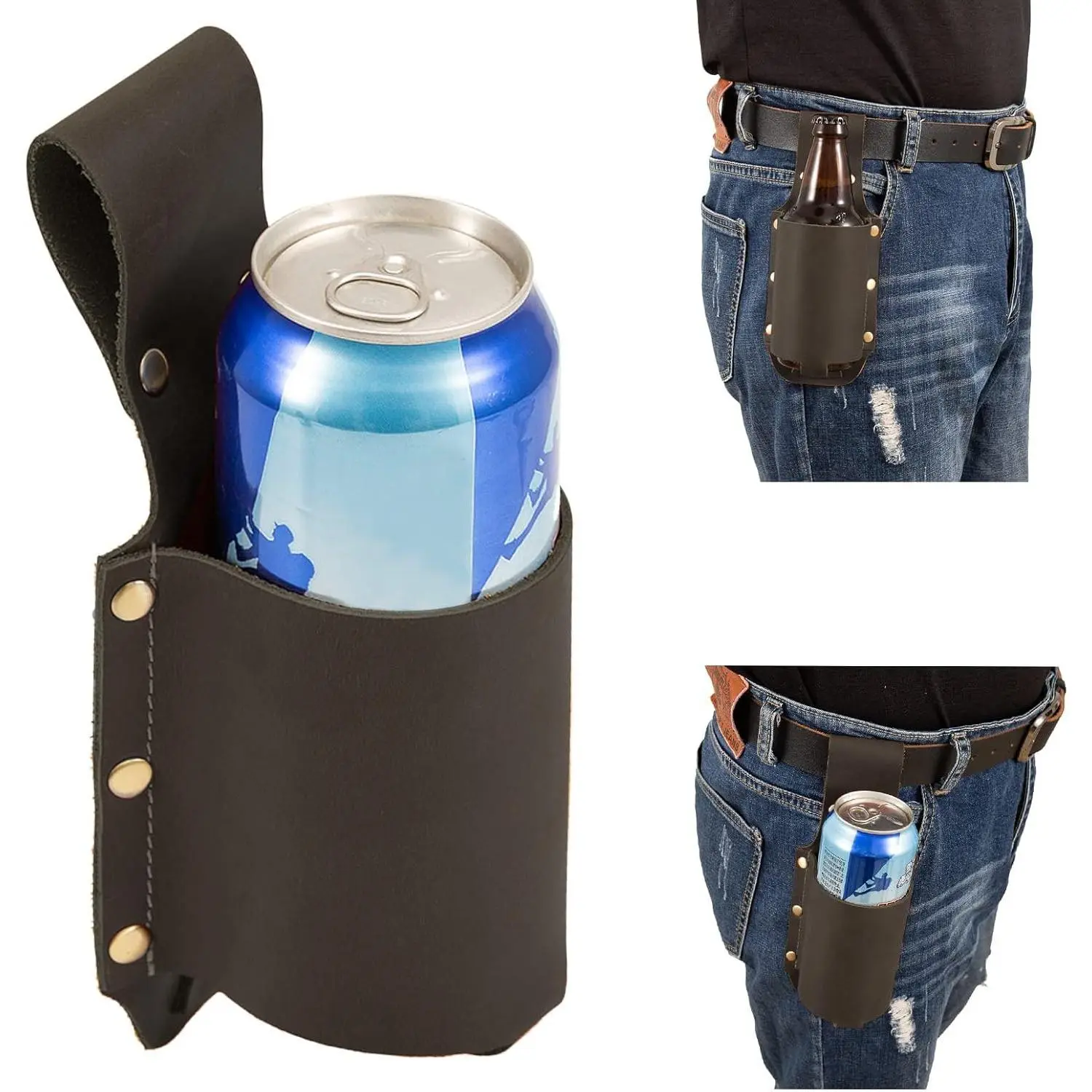 Beer Holder,Leather Beer Holster Bottle Holders,Beer Belt Holder Beer Gifts for Men,BBQ/Grilling Gifts for Travel Camping Party Outdoor,Cool Beer Accessories Gadgets for Men (Dark Brown)