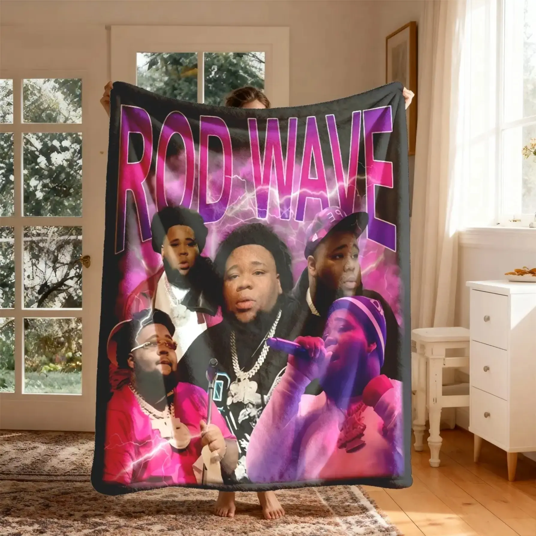 Rod Wave Flannel Throw Blanket Electric Group Collage Soft Warm Plush Fleece Cozy Hip Hop Rapper Room Decor Bedding Couch Sofa Cover Travel Camping Christmas Gift for Fans