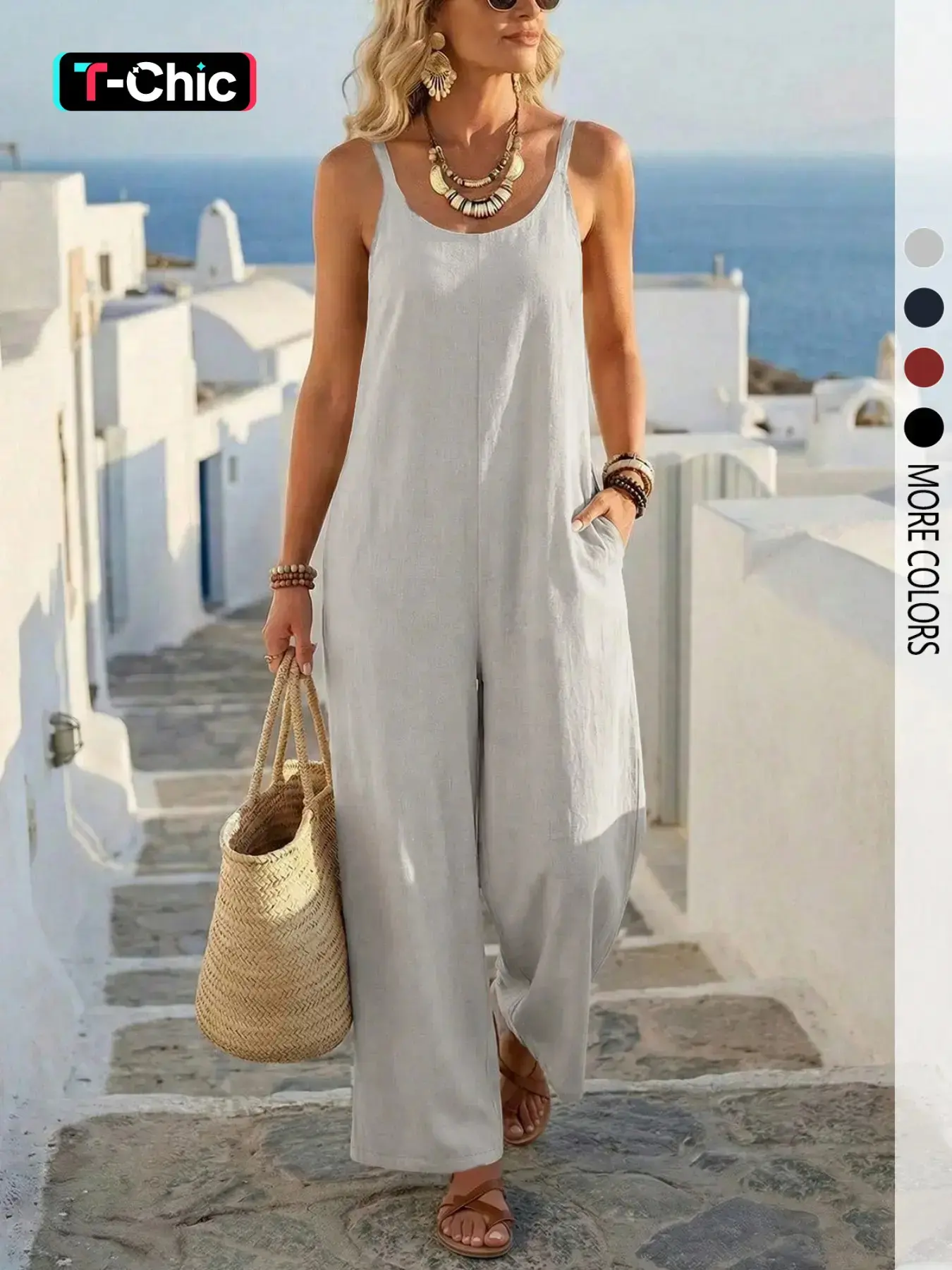 Women's casual solid color backless suspender jumpsuit, Overalls, Loose, Chic, Everyday, Womenswear, suitable daily commutes and vacations.