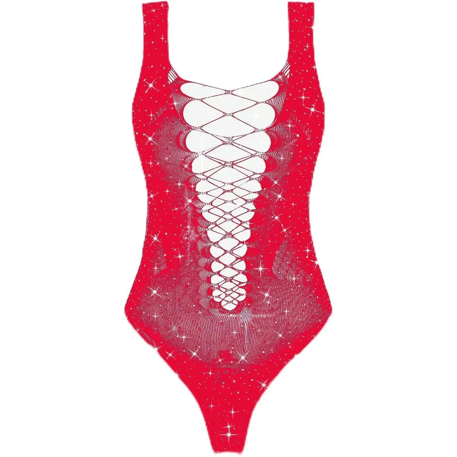 Women's Rhinestone Fishnet Mesh Bodysuit, Sexy Sparkle Teddy Lingerie Top Outfit