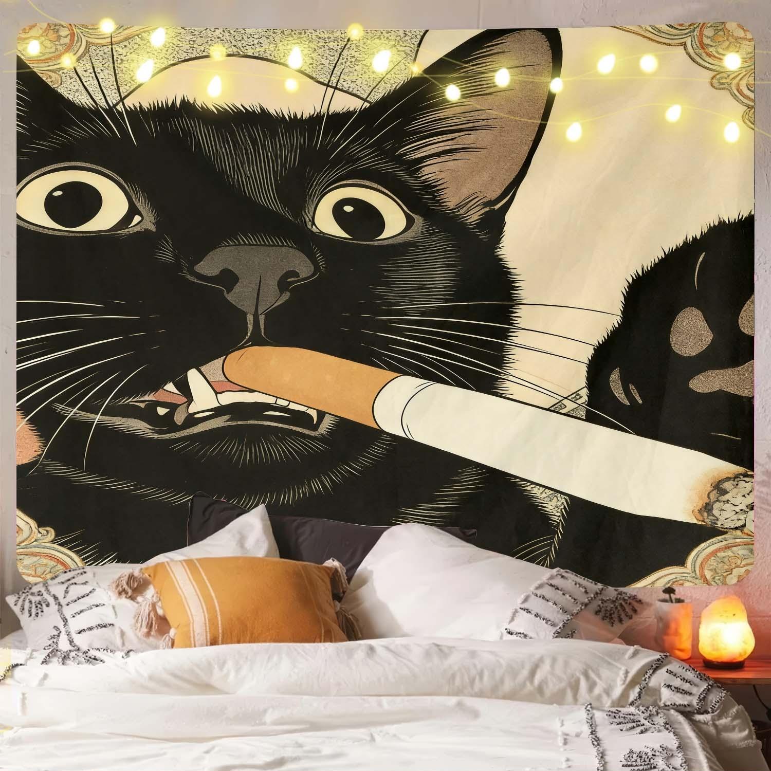Distinctive Cat Tapestry, Humorous Illustration of a Smoking Cat, Large Artistic Wall Hanging, Decorative Background Cloth, Perfect for Living Room or Bedroom, 1 pc