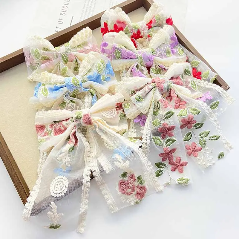 Women’s 6pcs Vintage Floral Embroidered Lace Bow Hair Clips - Sheer Mesh Fabric Bows with Tassels, Multi-Color Floral Cluster & Flower Hair Accessories for Weddings, Casual Wear, Bow And Flower Hair Clips, Fabric Bows Hair Clips
