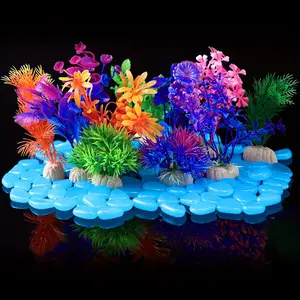 100 Pcs Fish Tank Rocks Glow Color Random, Fish Tank Stones Accessories, 5 Pack Artificial Aquatic Plants, Coral Reef Decorations for Aquariums