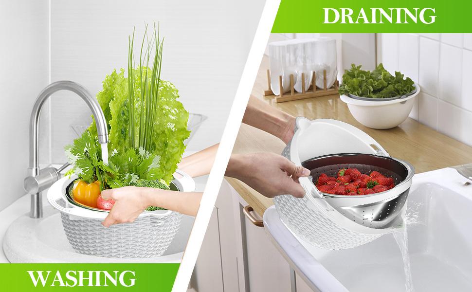 4-1 Colander with Bowl Set - Rotatable Colander for Kitchen(Patented) - Strainers and Colanders - Pasta Strainer with New Upgraded Graters for Fruit Veggie Fun Kitchen Presents - White