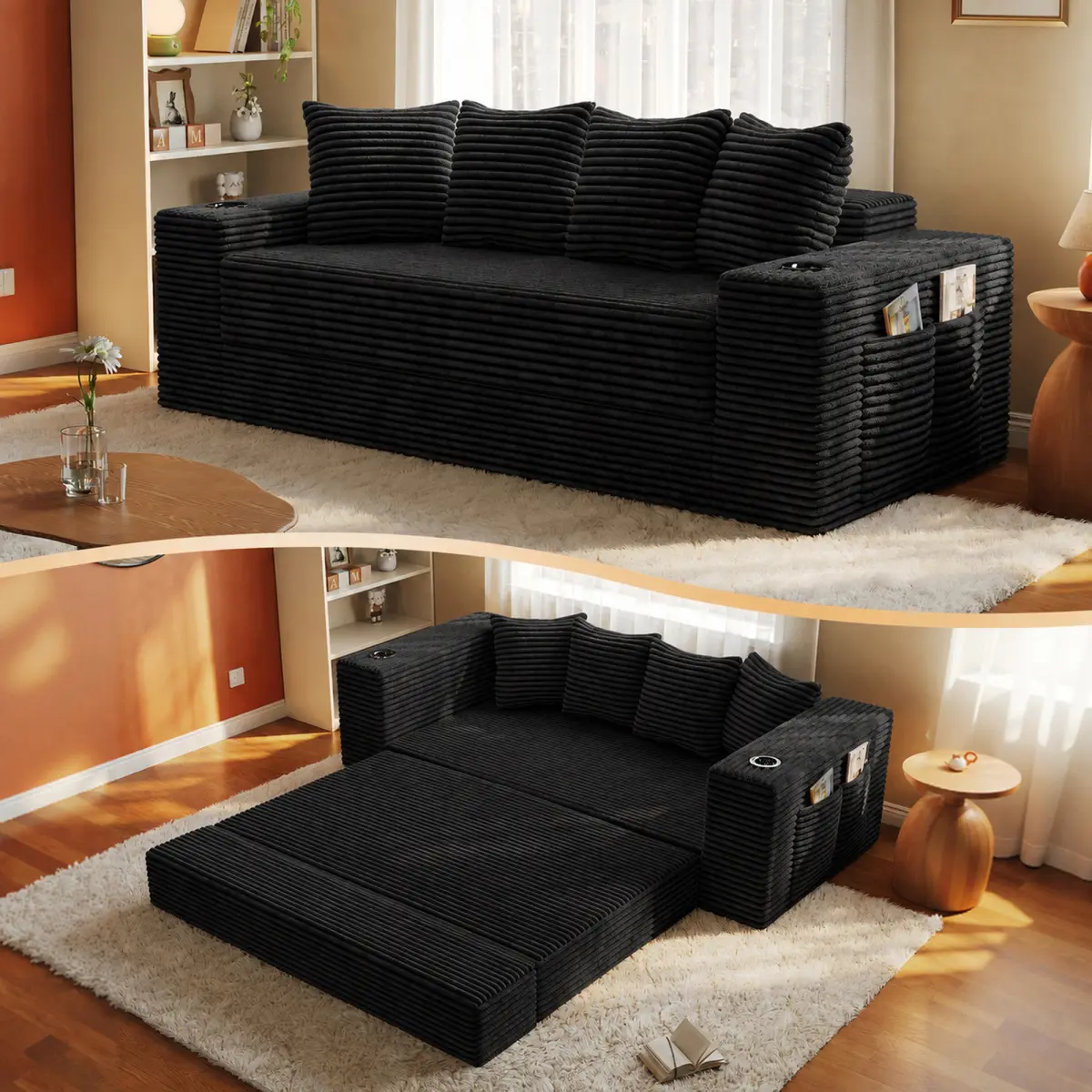 77-Inch Sleeper Sofa Couch Bed, Boneless Corduroy Convertible Sofa with Cup Holders, Side Storage and 30 High-Density Foam, Furry Futon Sofa for Living Room, Compressed Floor Sleeper Sofa, Black