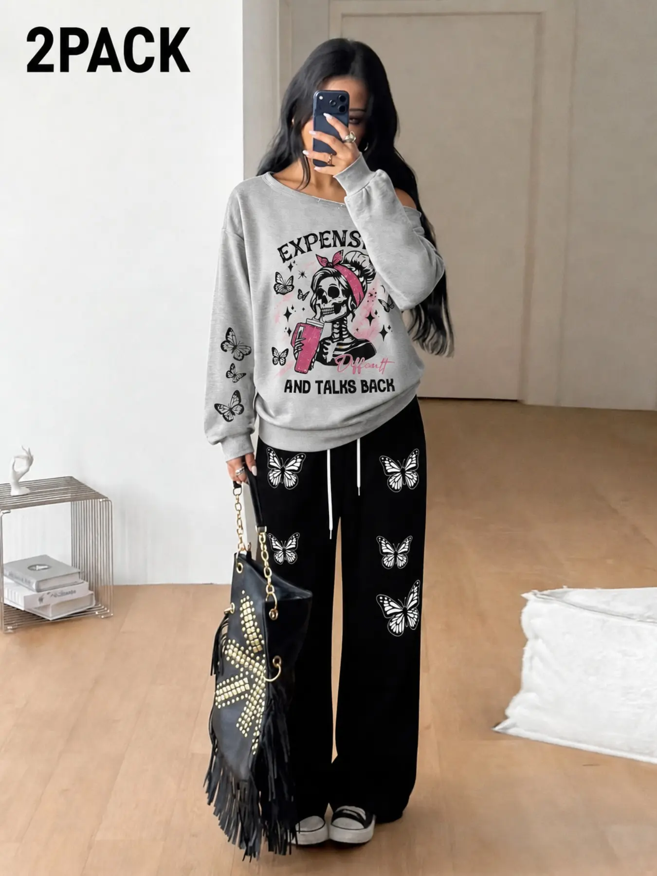 Women's Skeleton Butterfly Print Off Shoulder Sweatshirt & Butterfly Wide Leg Sweatpants 2 Piece Outfit, Soft Fleece Casual Streetwear Matching Co-Ord Set