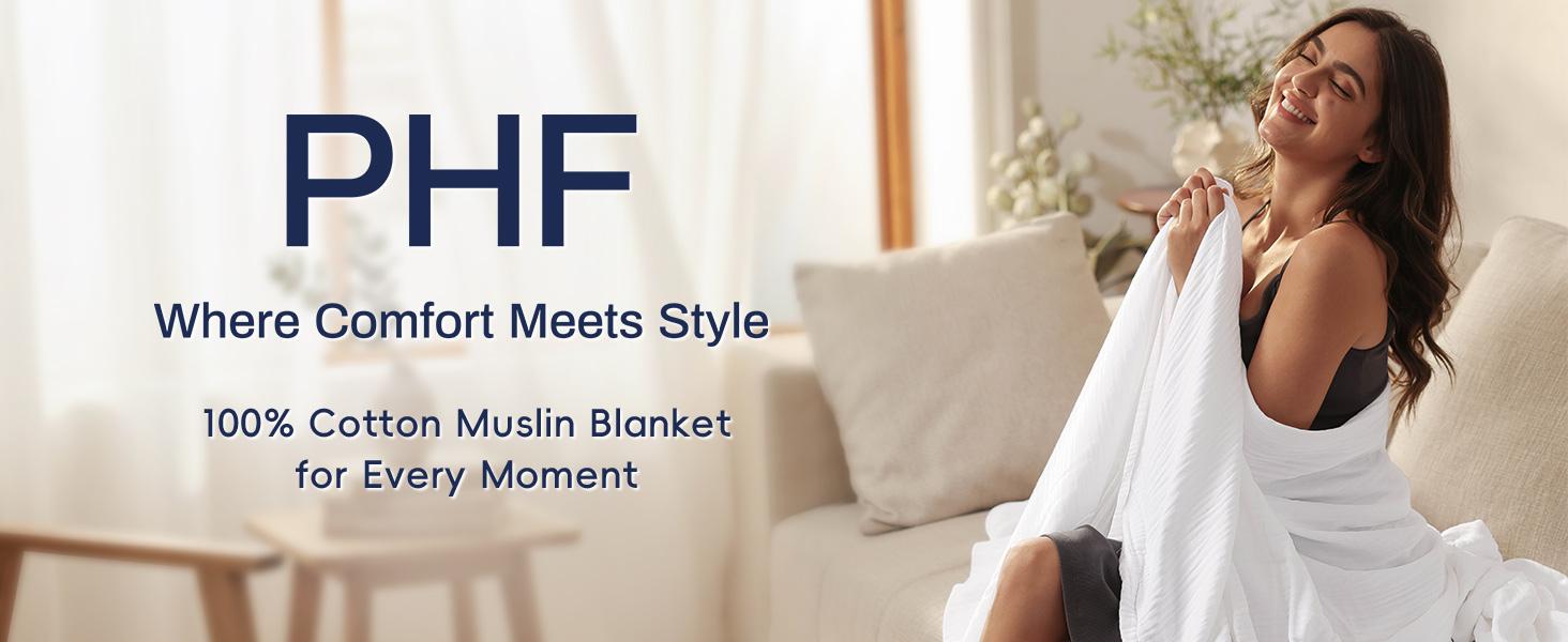 PHF 100% Cotton Muslin Blanket Queen Size 90"x90", 4-Layer Lightweight Gauze Throw, Breathable Cloud-Soft Minimalist Blanket for Bed, Couch, Camping & Baby, Grey, Gift