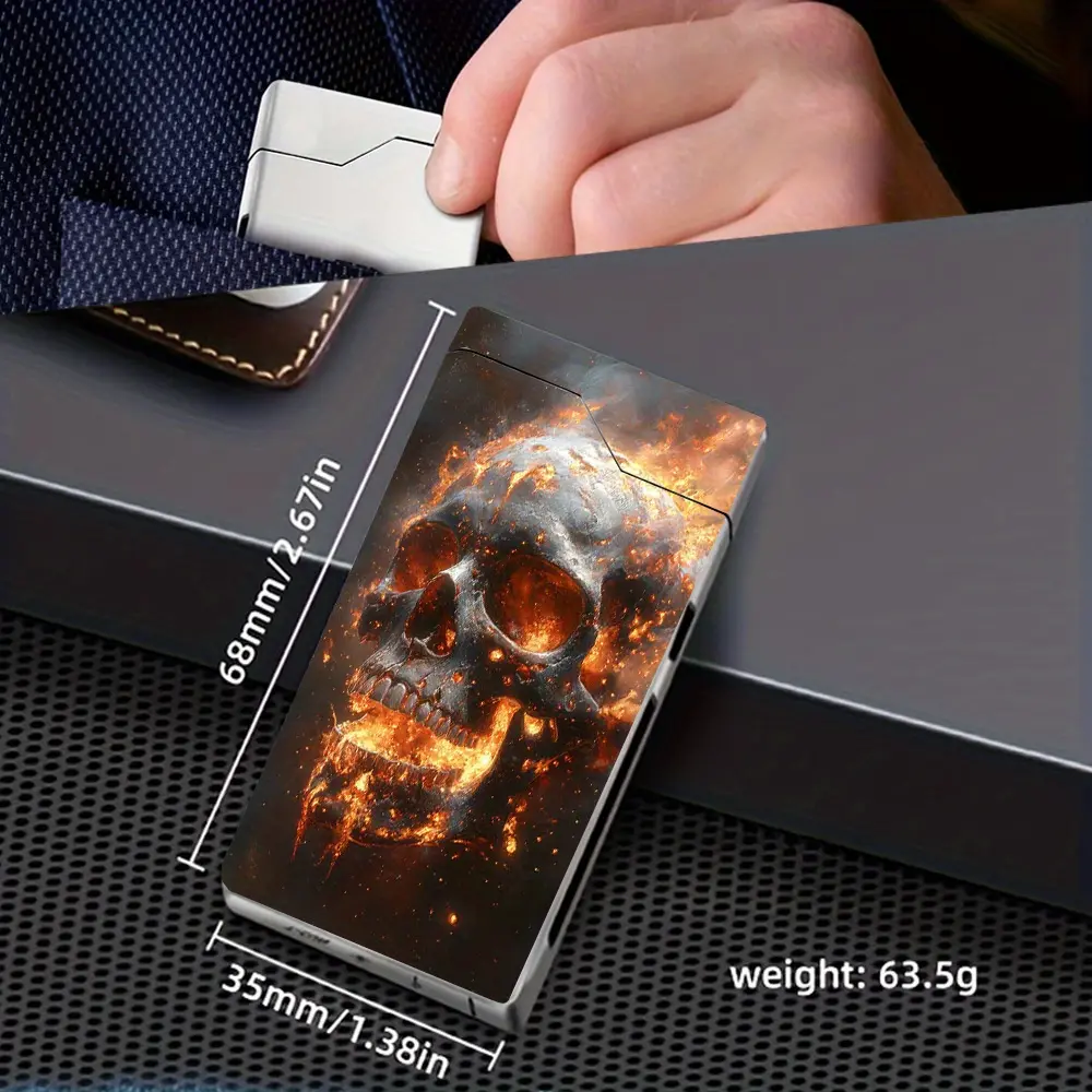 1pc Windproof Arc Lighter with Flame Skull Pattern, Windproof Lighter, Windproof Arc Lighter, Type-C Charging Lighter, Metal Shell, Power Display, Dual Arc, Gift Box Packaging, with Power-Off Program, Outdoor Survival Supplies