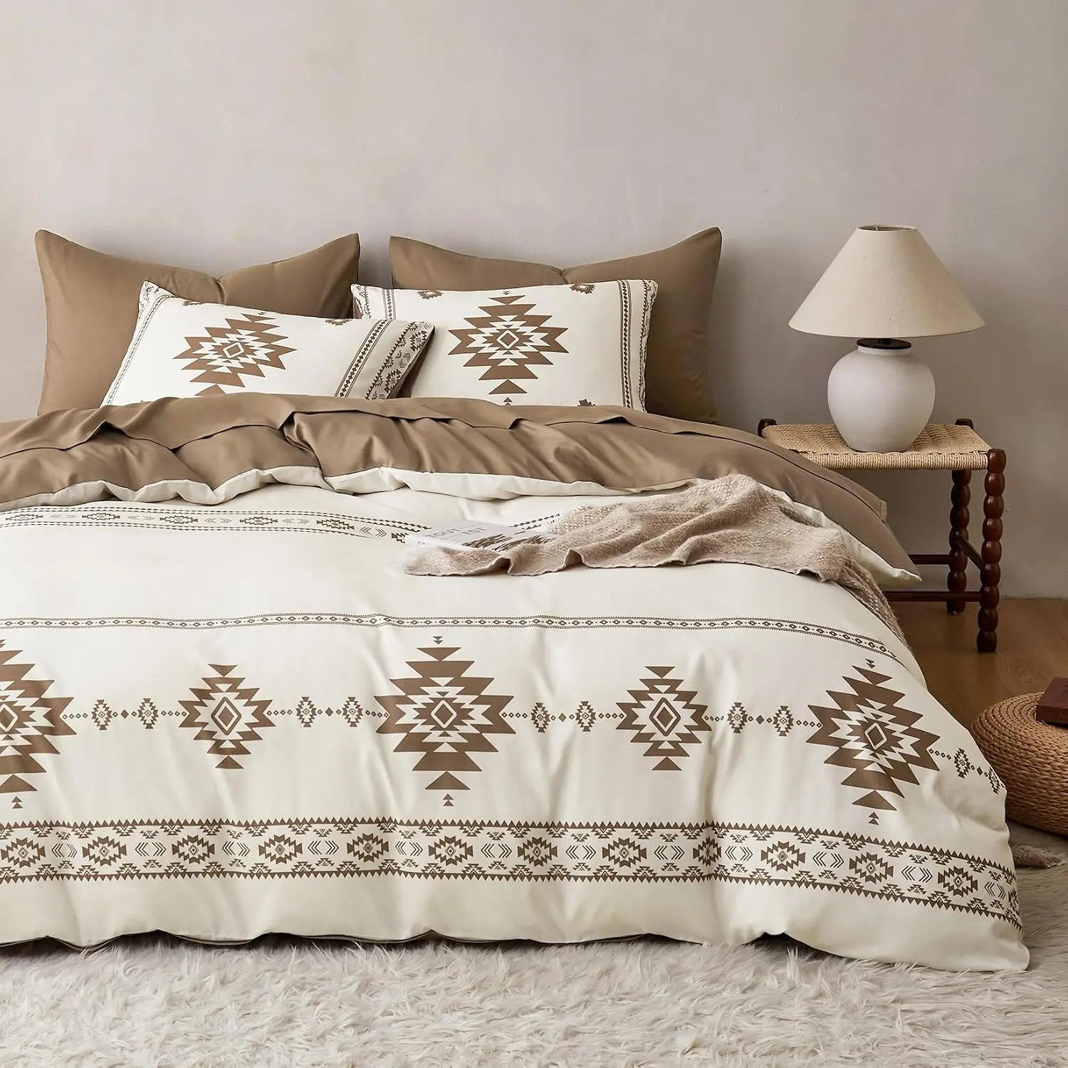 -  Comforter Set, Boho Southwestern  Style with Aztec  Geometric , Soft Lightweight Beddg, 3 count, Beige Brown,  Size