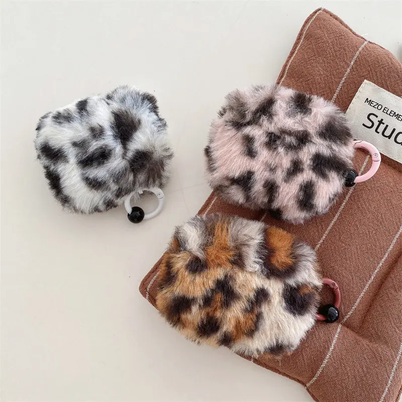 Fuzzy Leopard Print Plush Bluetooth Earbuds Case, Soft Furry Protective Cover with Keyring, Y2K Cool Girl Fall Winter Earbud Accessory Multi Colors