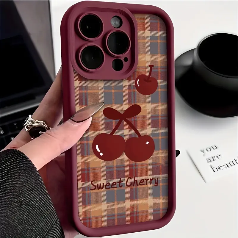 Red Plaid Cherry Premium Fashion Shockproof Phone Case For IPhone 17 Pro Max/16/15/14 Plus/13/12 Mini/11/X/XS/17 Air, Aesthetic Cover, Durable Gift