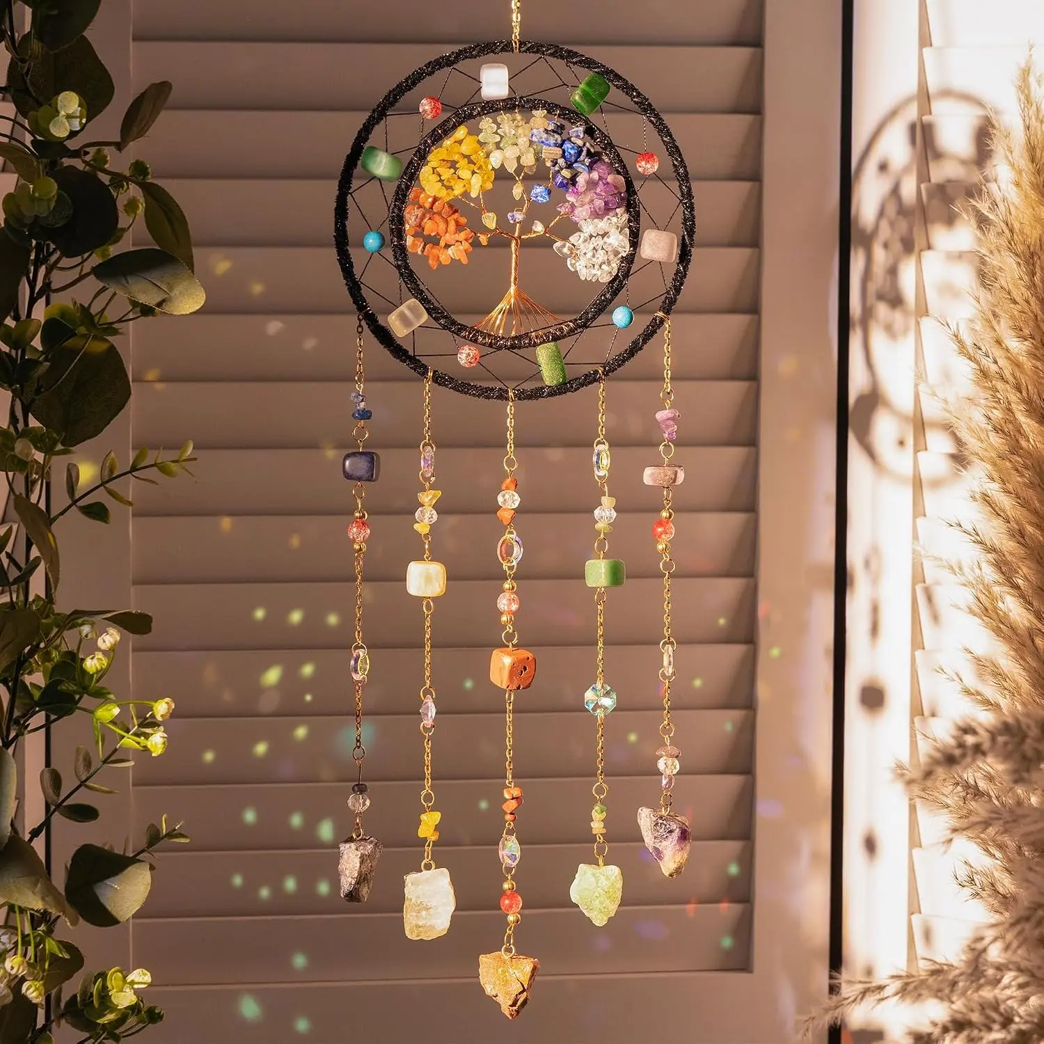 Tree of Life Dream Catcher with Natural Stone Boho Wall Hanging Decor Handmade tree of life dream catcher, natural stone pendant, bringing boho style, meaningful symbolism, beauty to your home