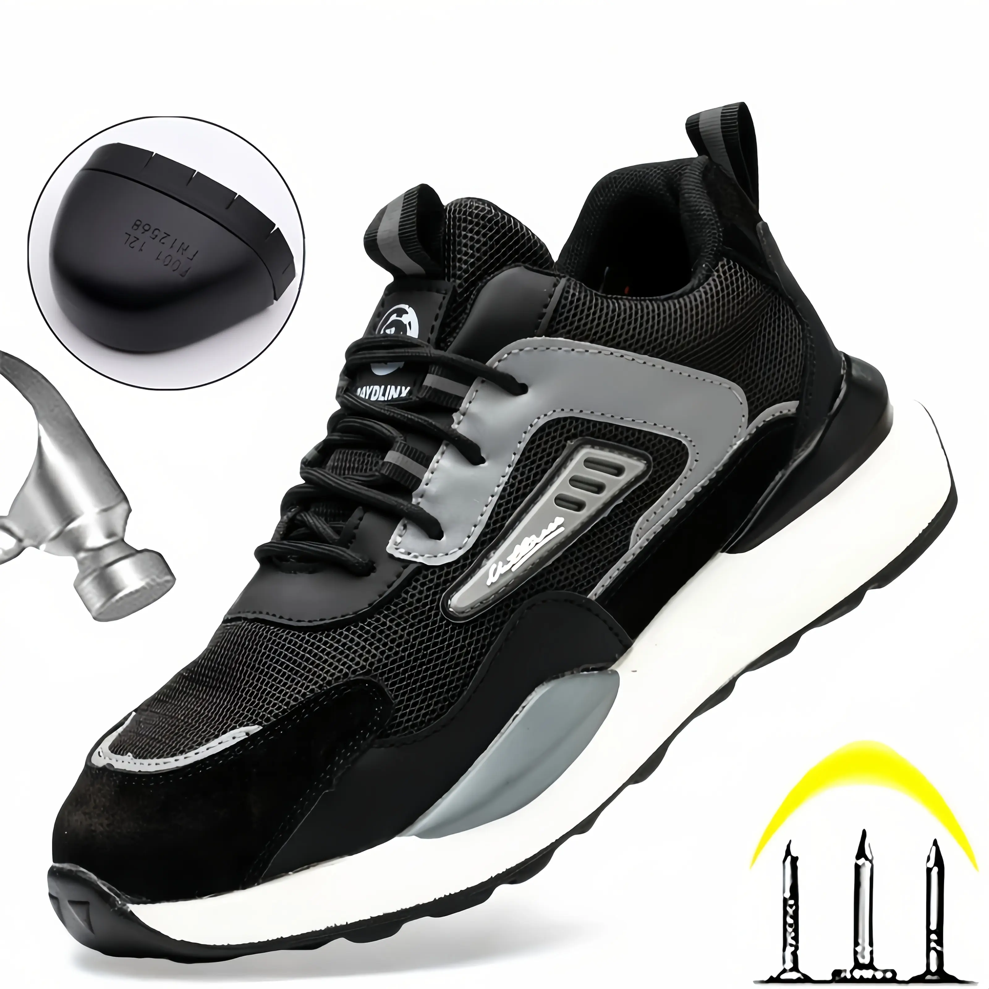 Men's Breathable Work Sneakers, Steel Toe Safety Shoes with Cushioned, Slip-Proof Sole & Reflective Stripes for Outdoor & Industrial Use, Walking Shoes, Worker