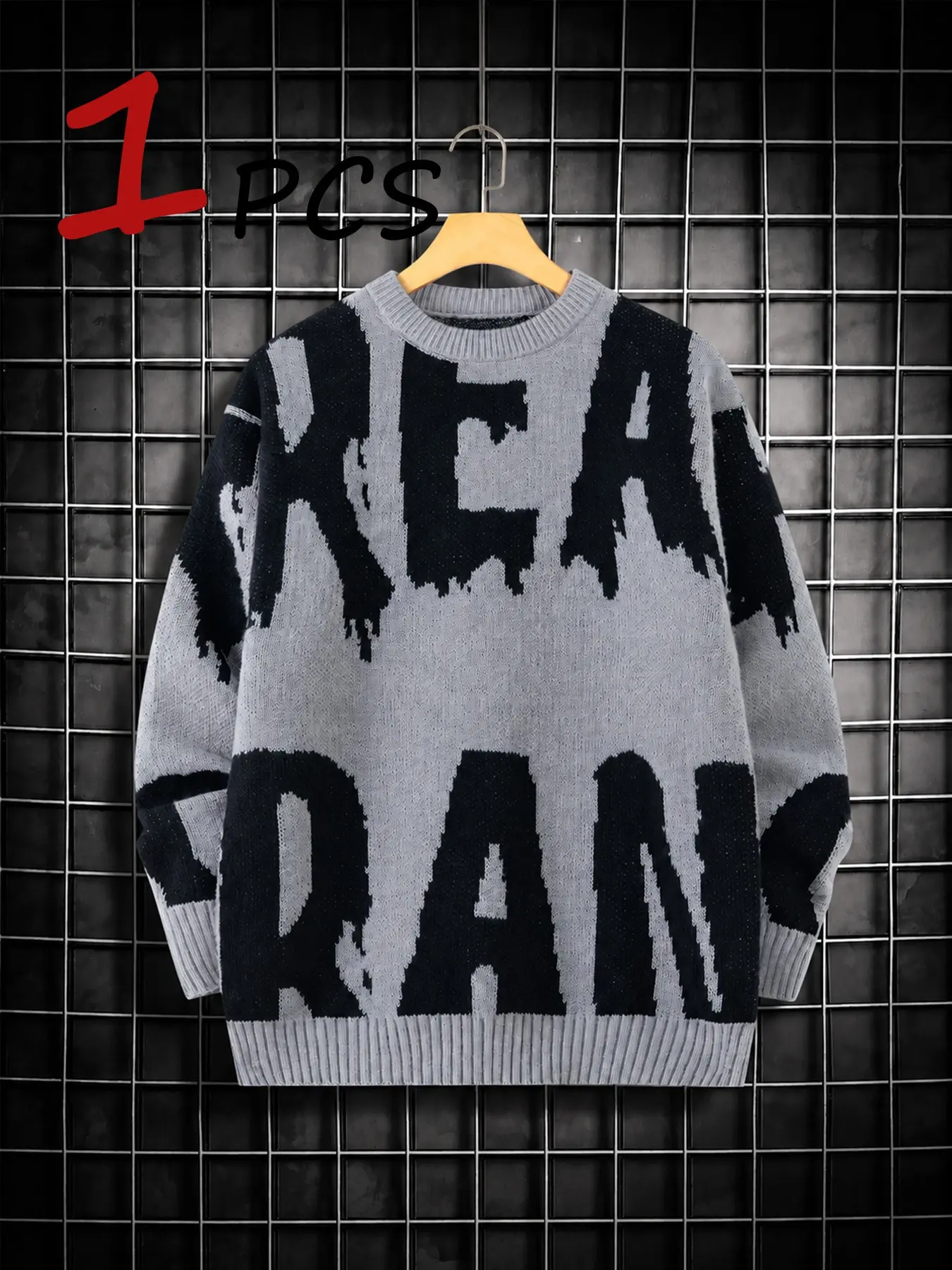 Men Graffiti Drip Knitted Jumper, Thick Oversized Rib Pullover, Bold Letter Graphic, Loose Fit, Fall & Winter Fashion, Urban Casual Style