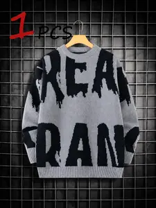 Men Graffiti Drip Knitted Jumper, Thick Oversized Rib Pullover, Bold Letter Graphic, Loose Fit, Fall & Winter Fashion, Urban Casual Style