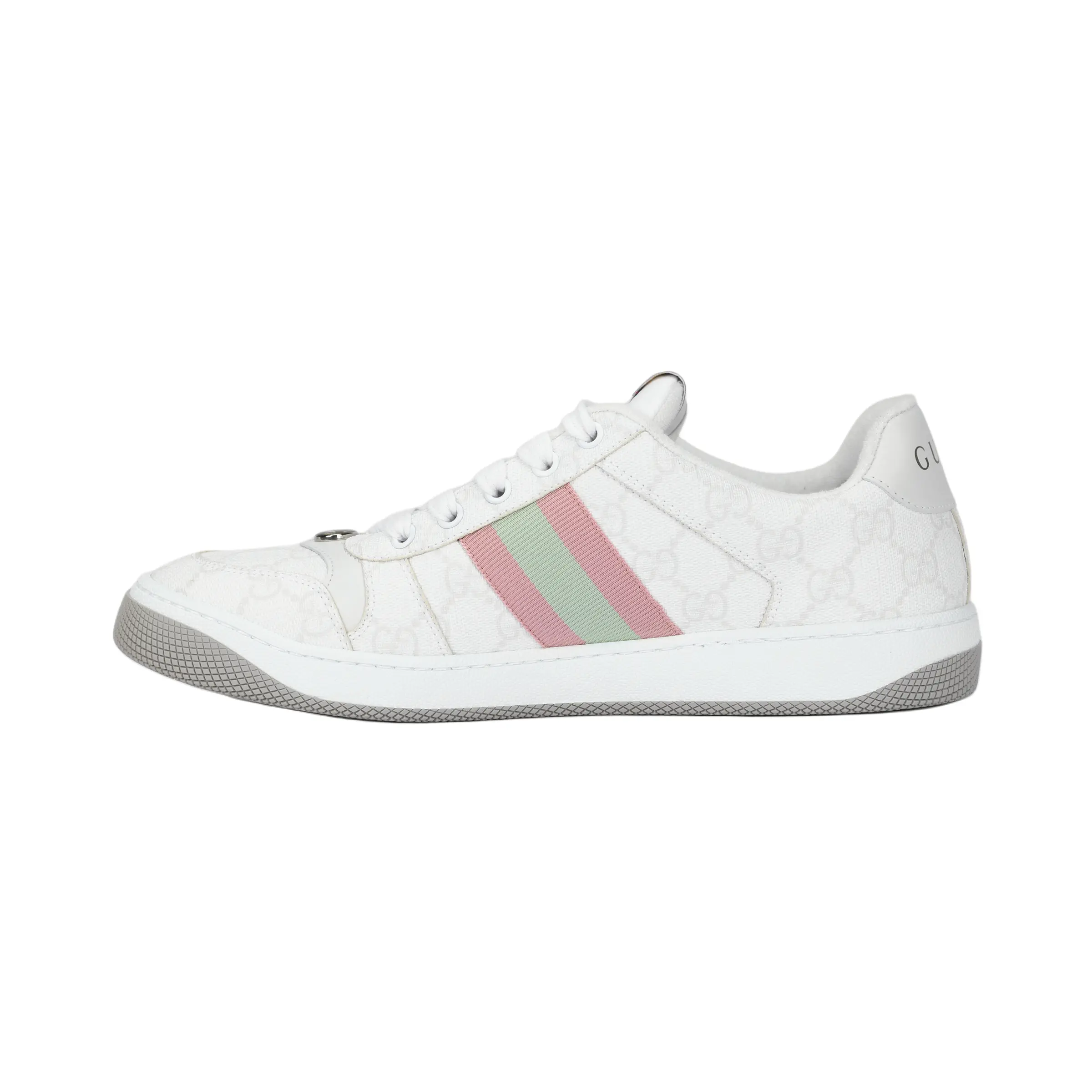 Gucci Screener Dirty Sneakers for Women – Canvas, Round Toe, Lace-Up, Low-Top, Light Gray Verifiable, with credentials and supporting global authentication
