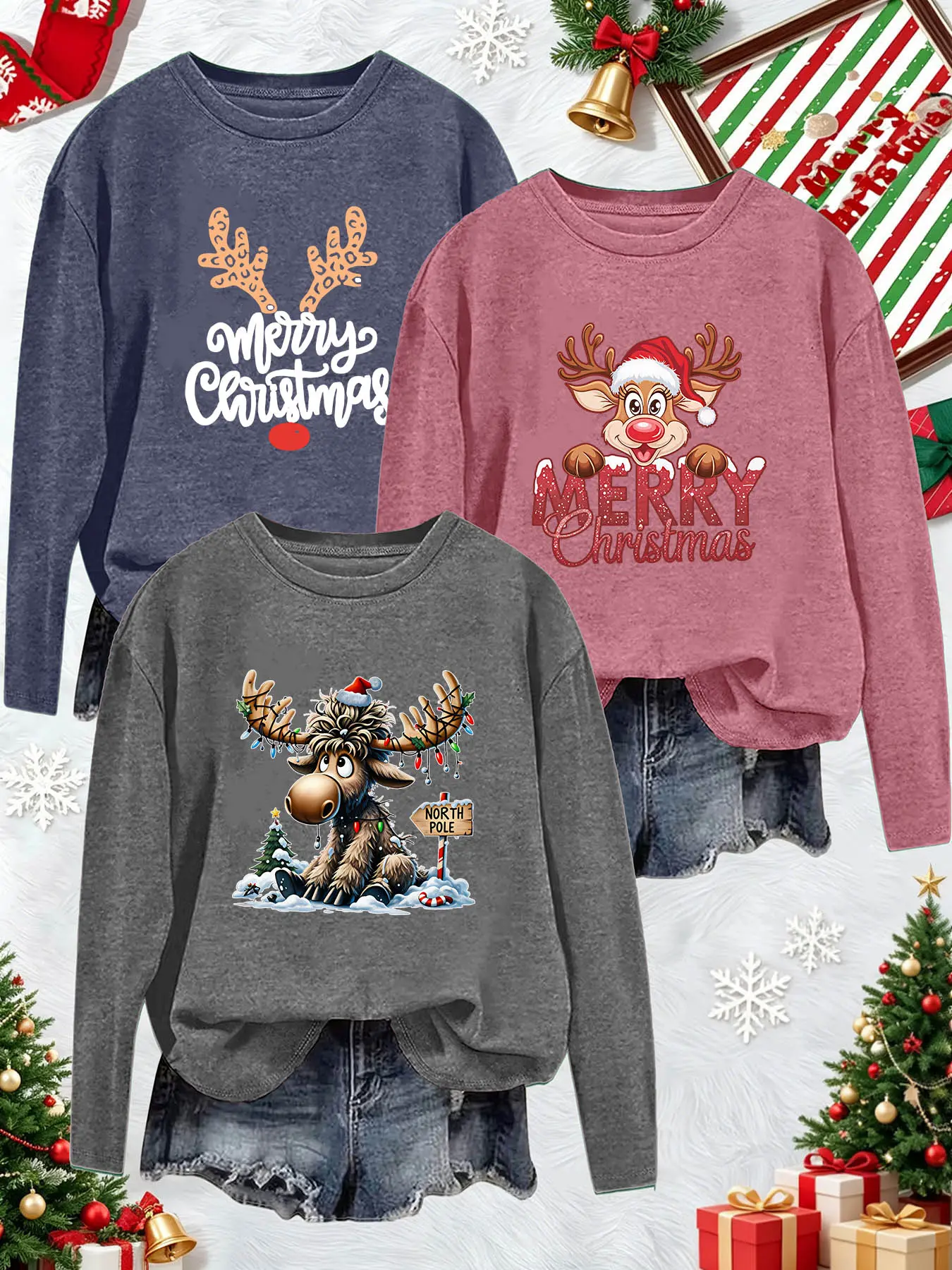3Pcs Women Crew Neck Long Sleeve T-Shirt, Christmas Reindeer Elk Holiday Print, Multi-color Available, Machine Washable, Soft Skin-friendly Spring Autumn Daily Stylish Top